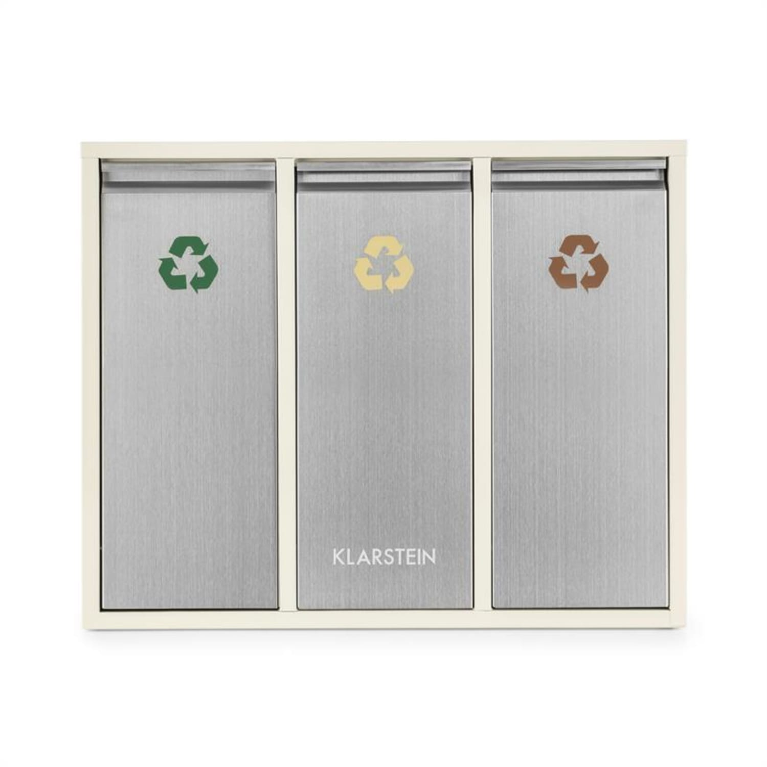 Tre bidoni per la raccolta differenziata con simboli colorati e la scritta 'KLARSTEIN'.