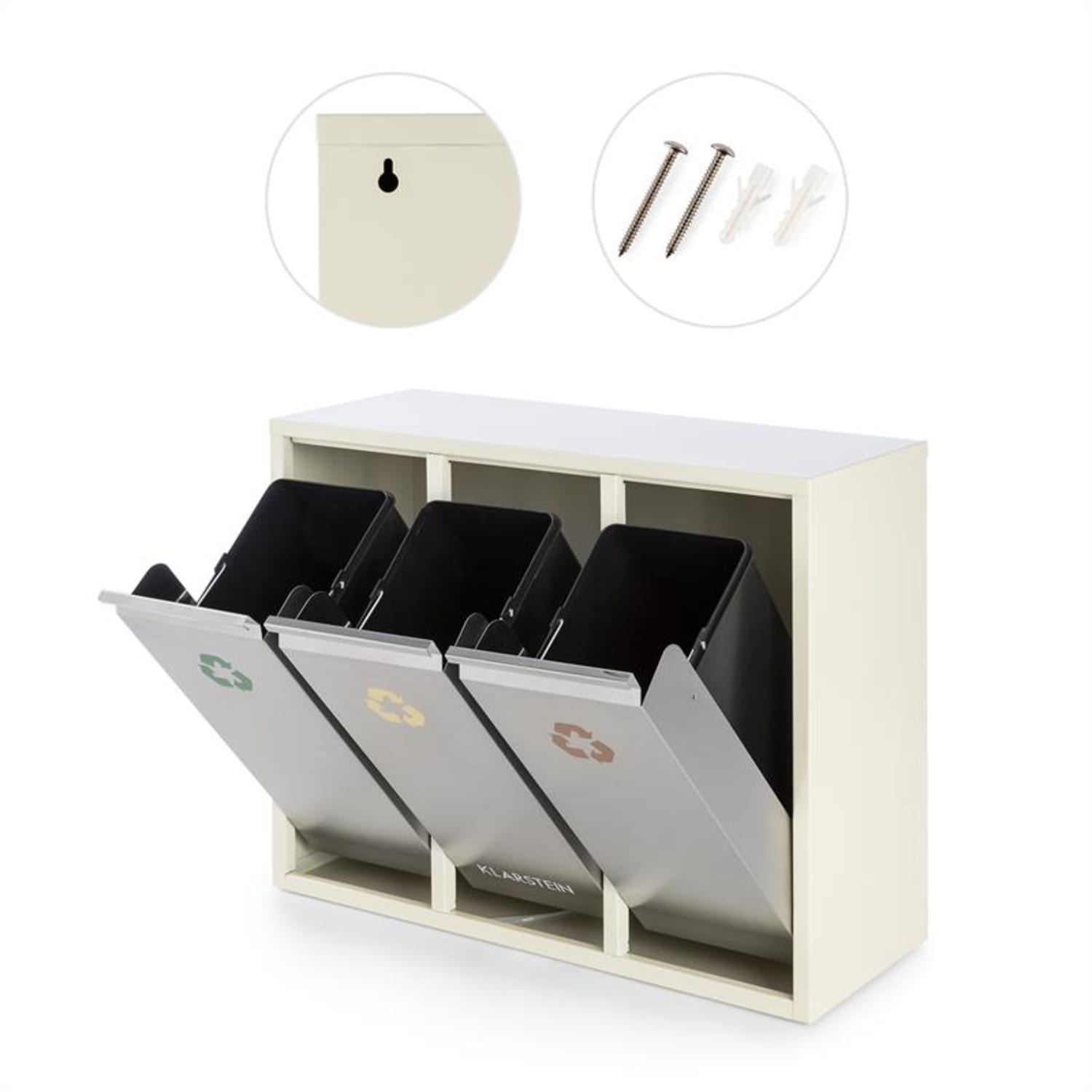 Mobile bianco con tre bidoni per la raccolta differenziata aperti, con simboli di riciclo.