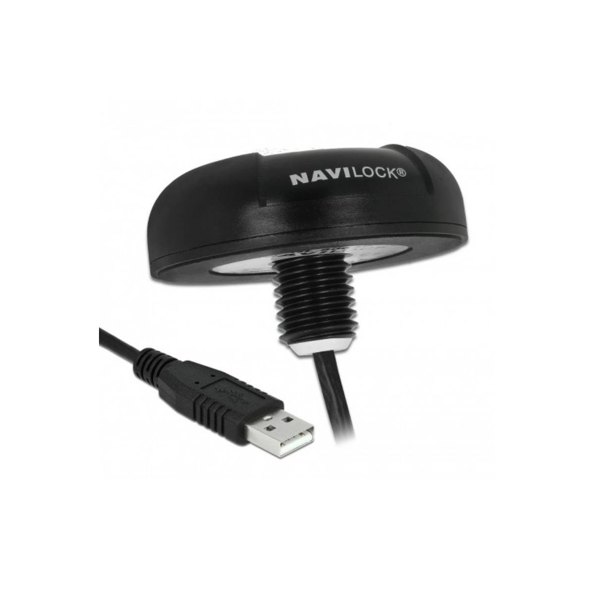 Eine schwarze, kuppelförmige GPS-Antenne mit USB-Kabel und weißem Hintergrund.