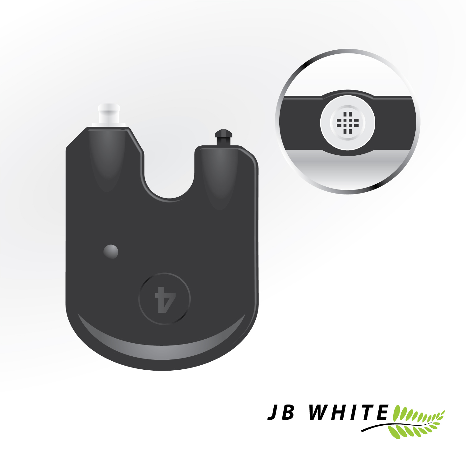 Schwarzes, stilisiertes Gerät mit kreisförmigem Detail, der Zahl vier und einem JB WHITE Logo.