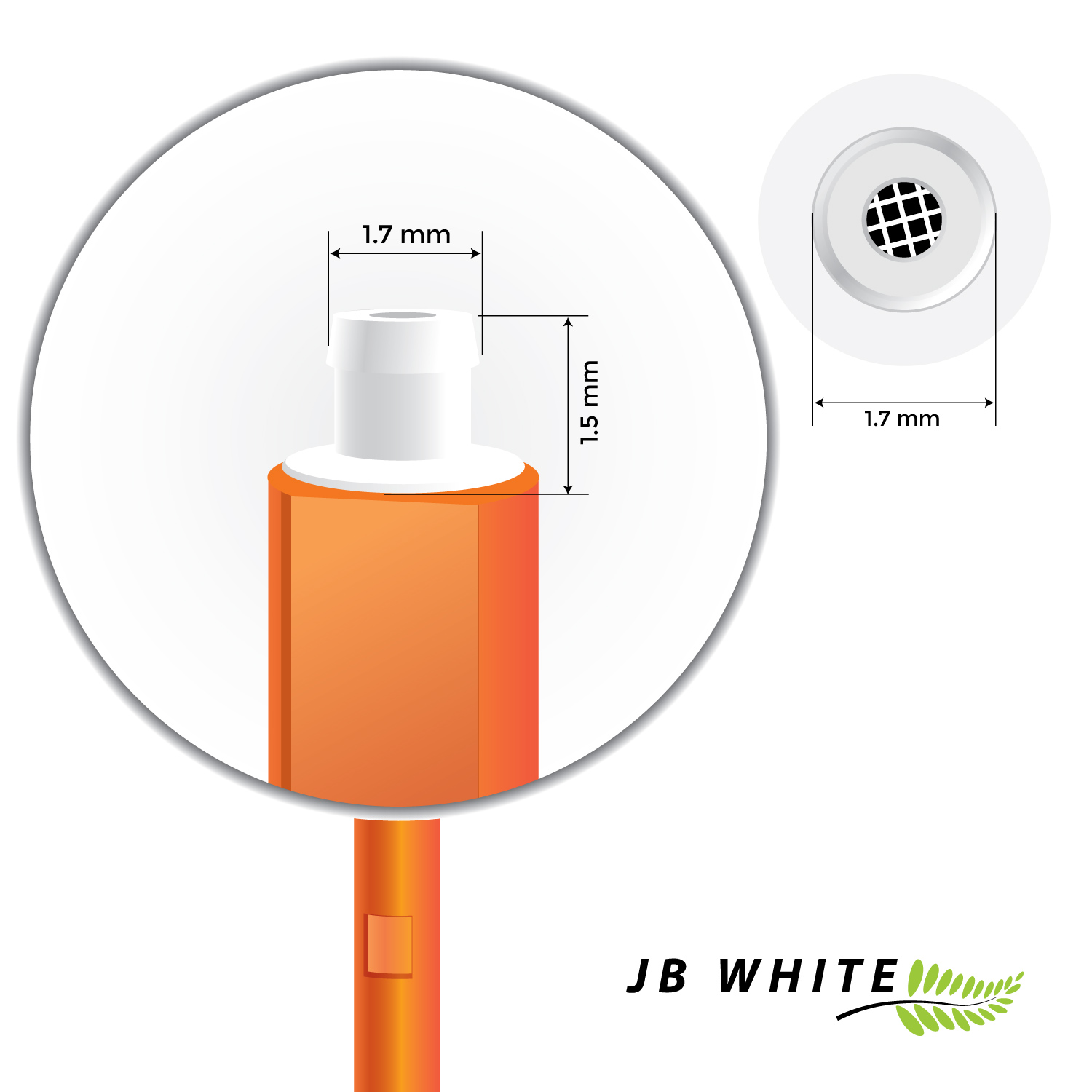 Nahaufnahme eines weißspitzigen, orangefarbenen Kabels mit Messungen. Das Kabel hat einen kleinen, quadratischen Stecker.