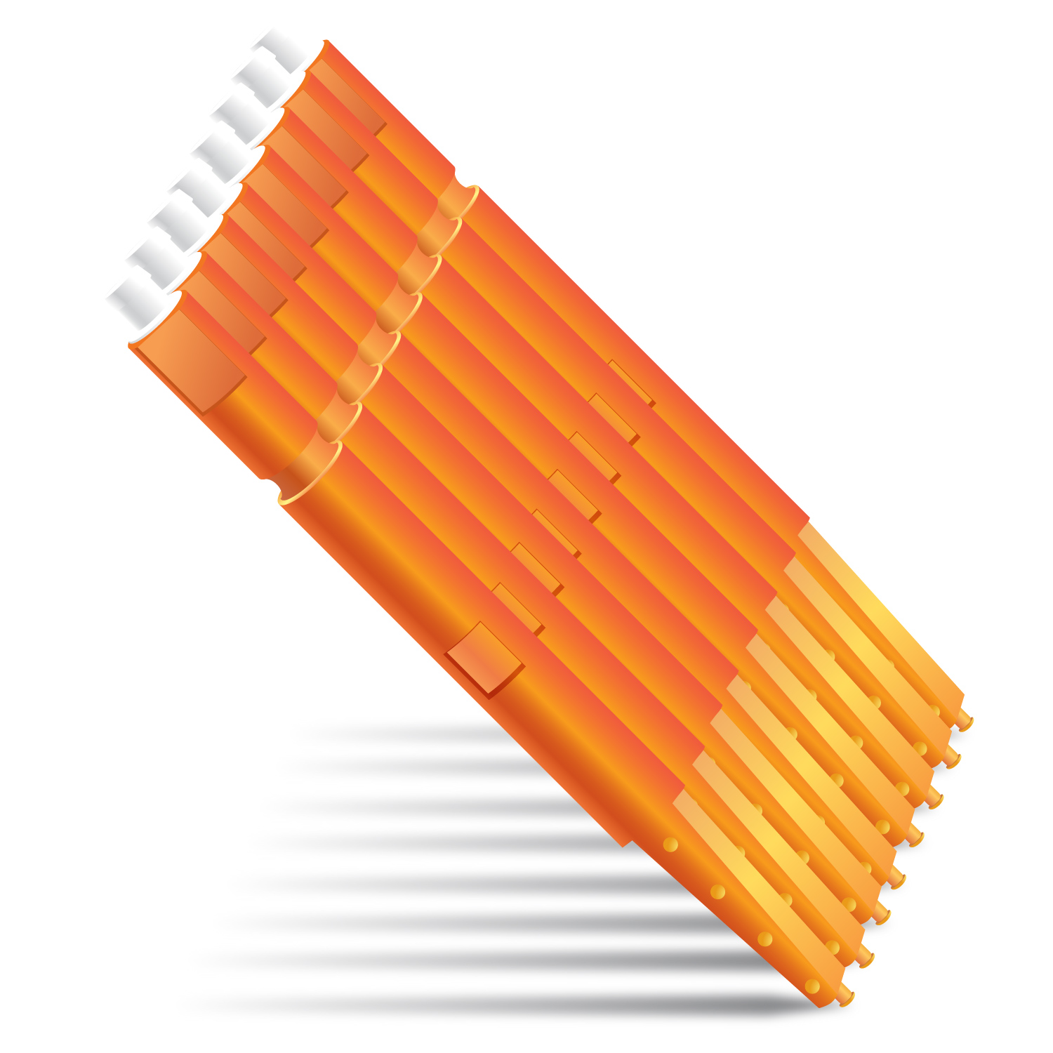Eine Gruppe orangefarbener, papierähnlicher Strohhalme, die auf einer weißen Oberfläche liegen.