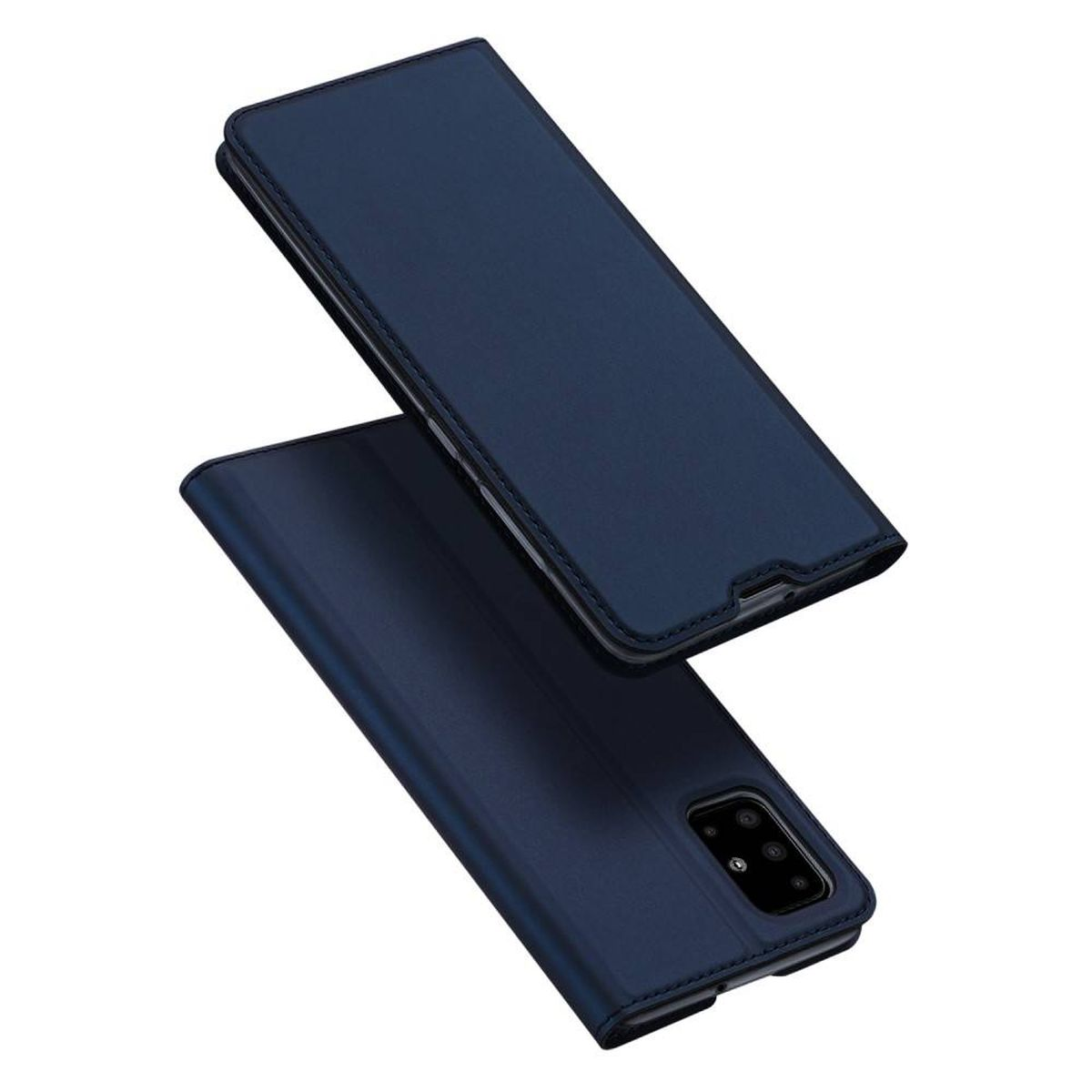 Blaue Handyhülle liegt offen. Die Hülle bedeckt ein dunkel gefärbtes Telefon.