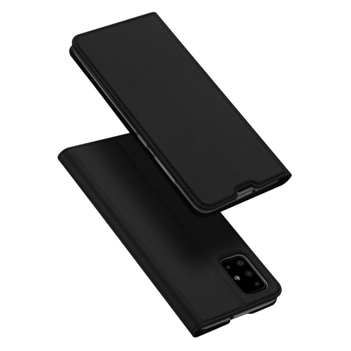 Schwarze Handyhülle, geschlossen, mit Telefon darin. Die Hülle ist im Bild offen.