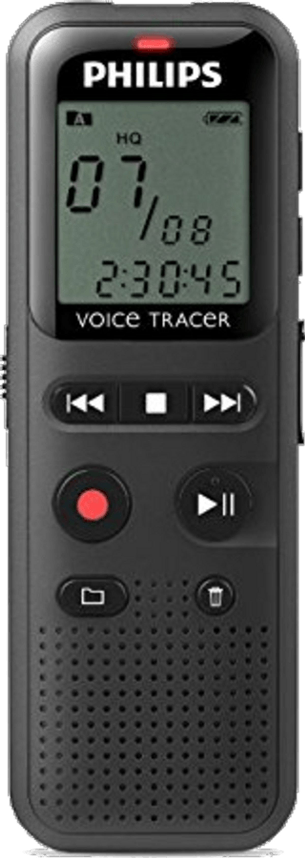 Czarny rejestrator Philips Voice Tracer z ekranem LCD, przyciskami i otworami mikrofonu.