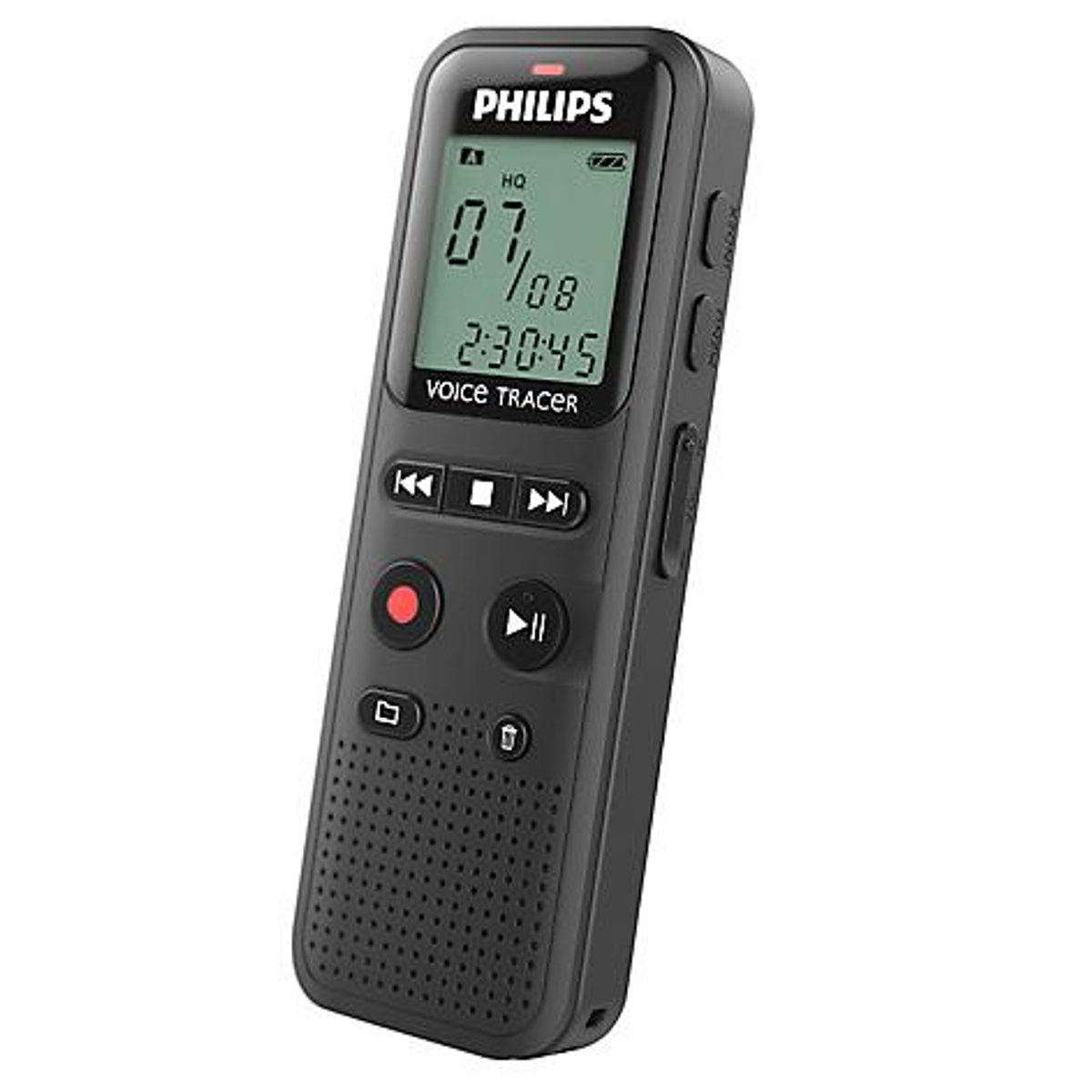 Czarny dyktafon Philips. Ma ekran wyświetlający godzinę i status nagrywania.
