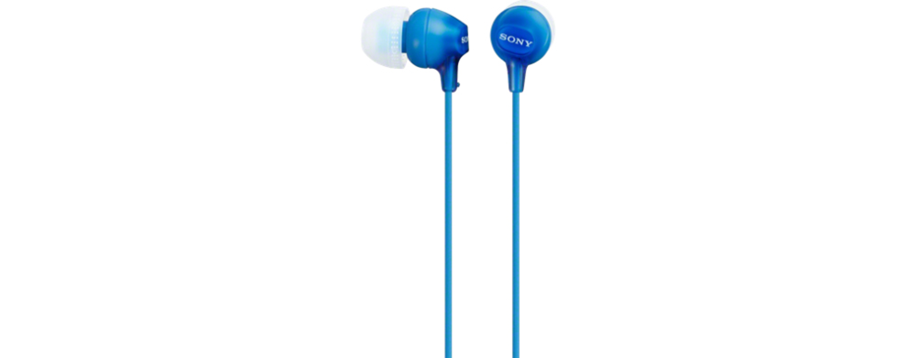 Auriculares azules con puntas blancas y cable azul. Logotipo de Sony en el auricular.