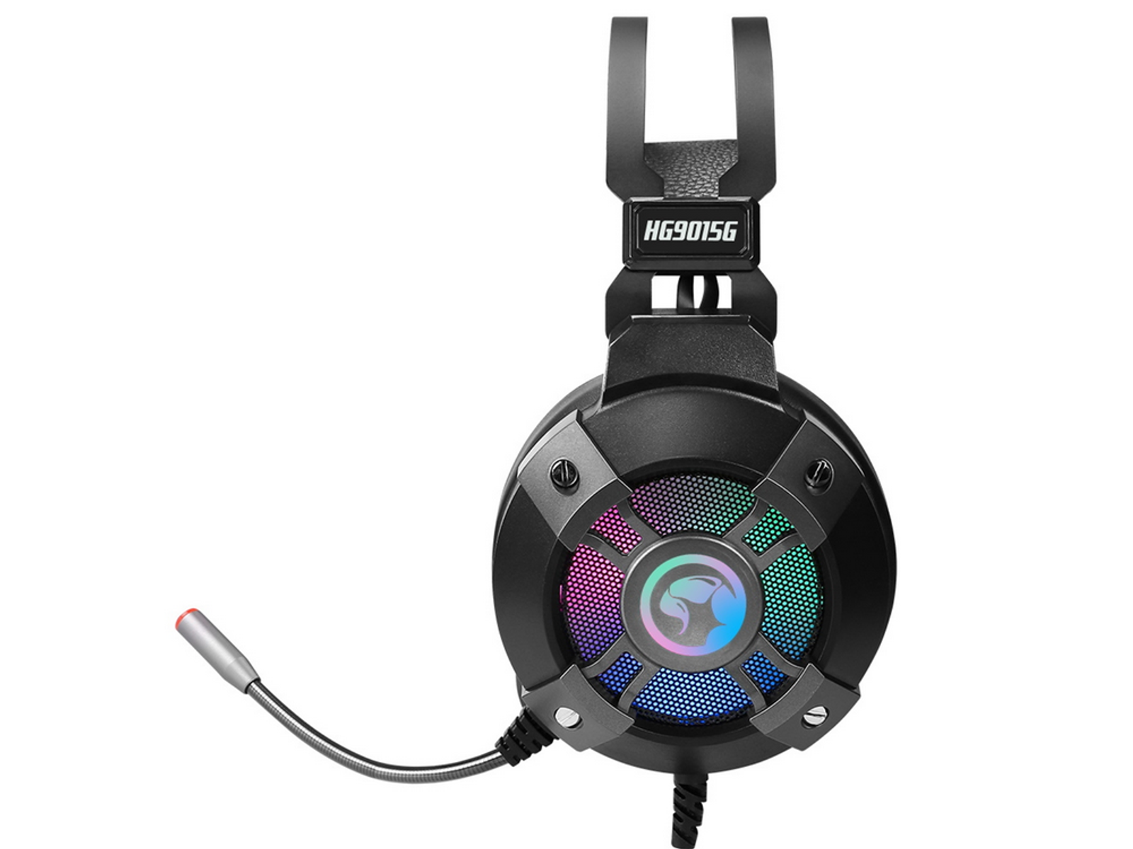 Schwarzes Gaming-Headset mit Mikrofon und farbwechselnden Lichtern in den Ohrmuscheln.