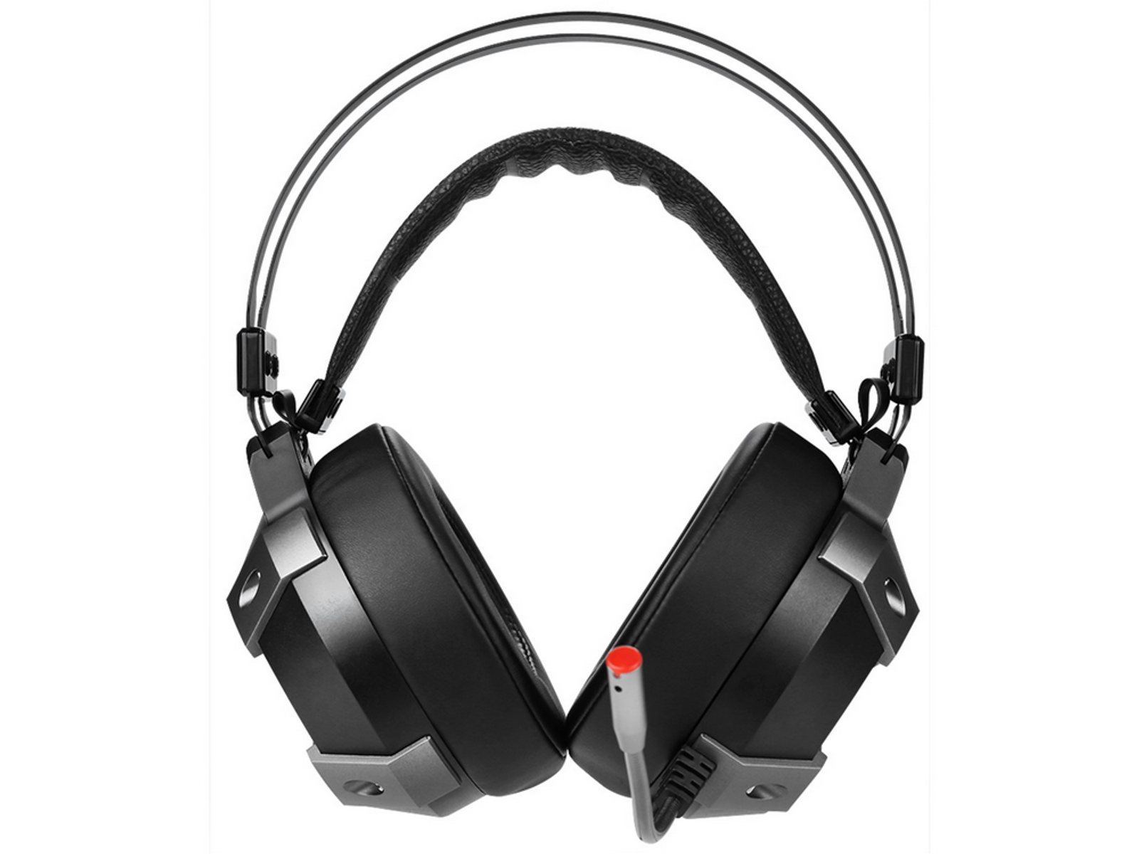 Schwarzes Gaming-Headset mit Mikrofon, abgewinkelt über weißer Oberfläche.