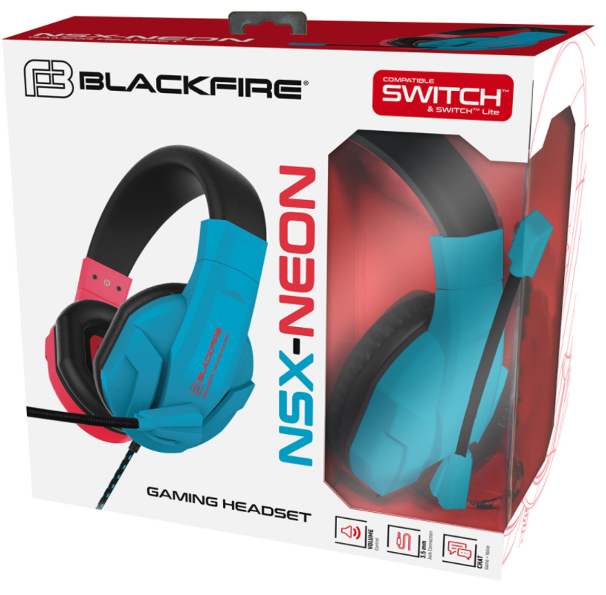 Auriculares gaming en una caja. Es azul y negro con un acento rojo.