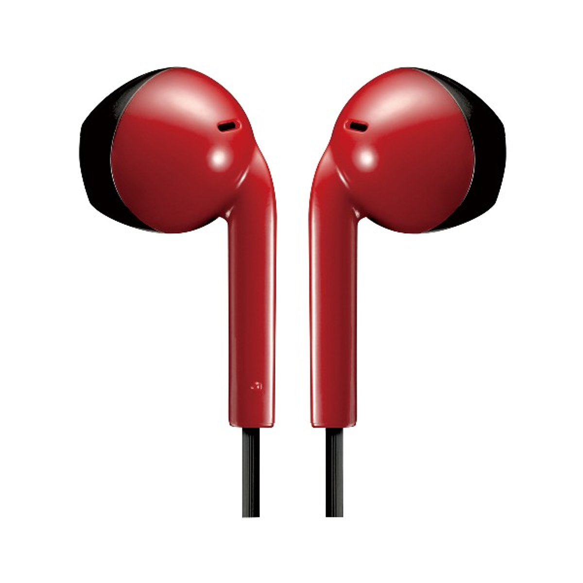 Dwa czerwone słuchawki douszne z czarnymi kablami. Białe tło.