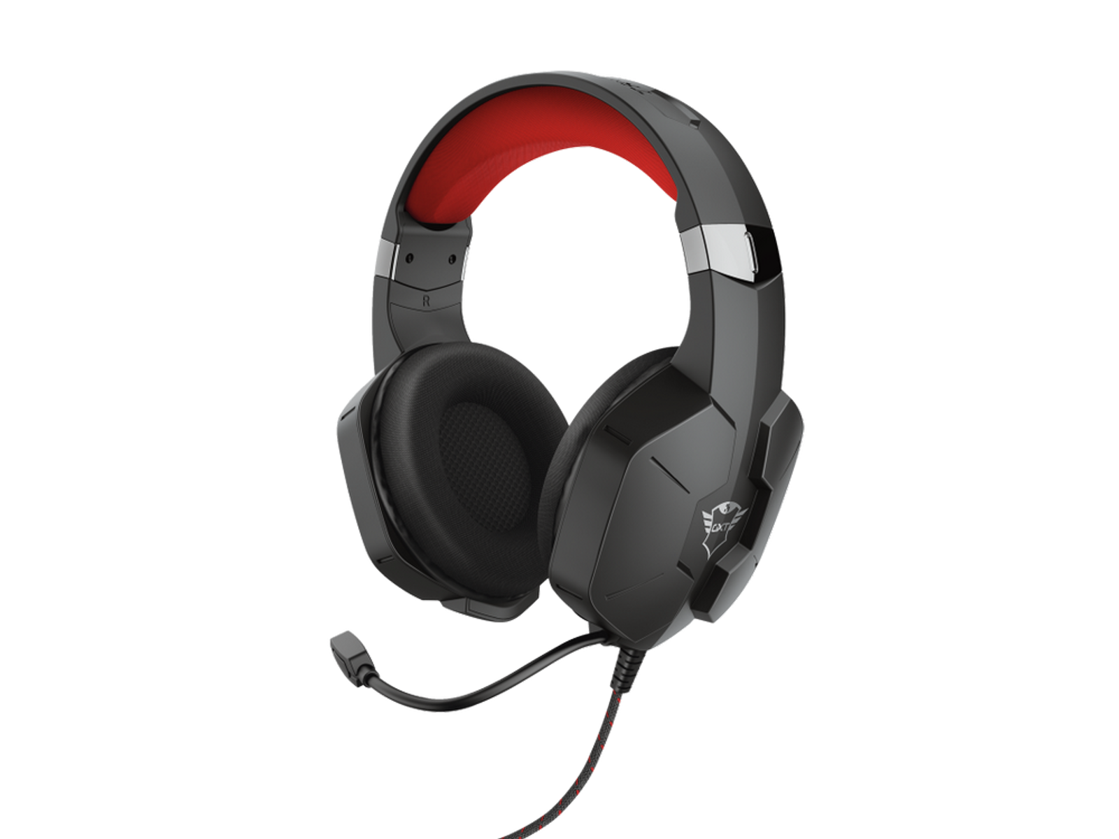 Cuffie da gioco nere e rosse. Le cuffie hanno un microfono e sono su sfondo nero.