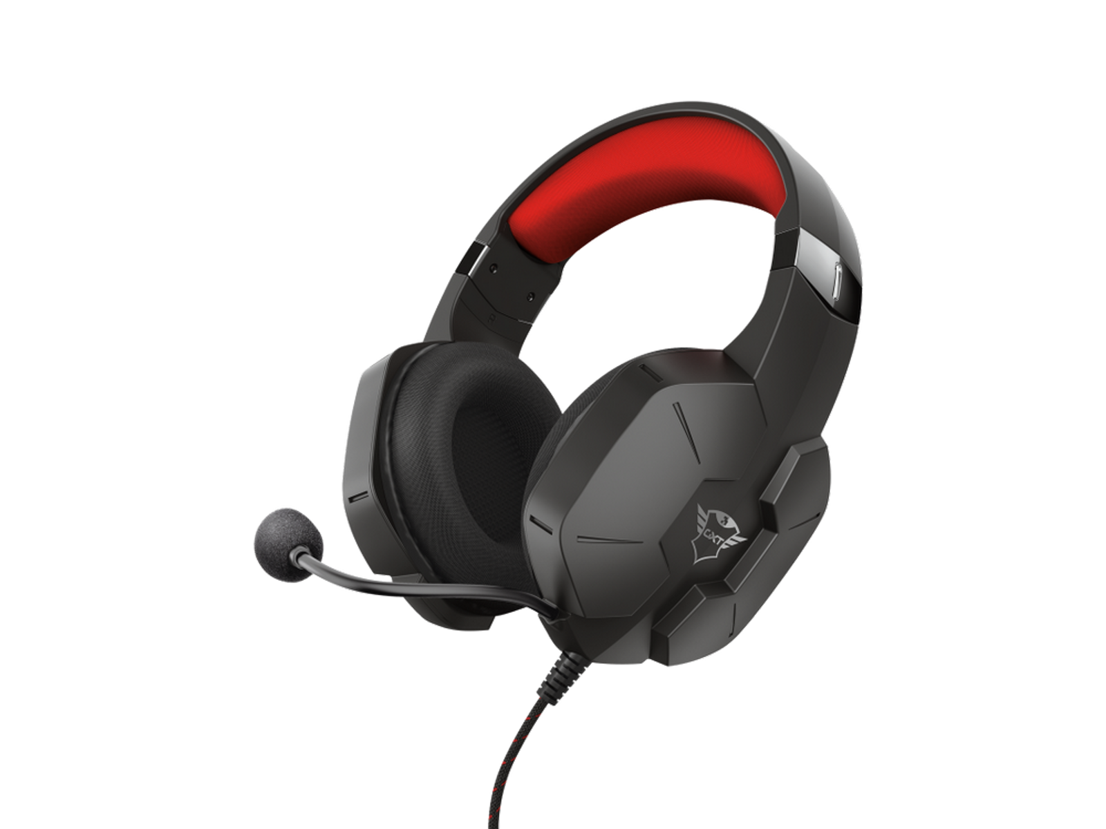 Cuffie da gioco nere con fascia rossa e microfono.