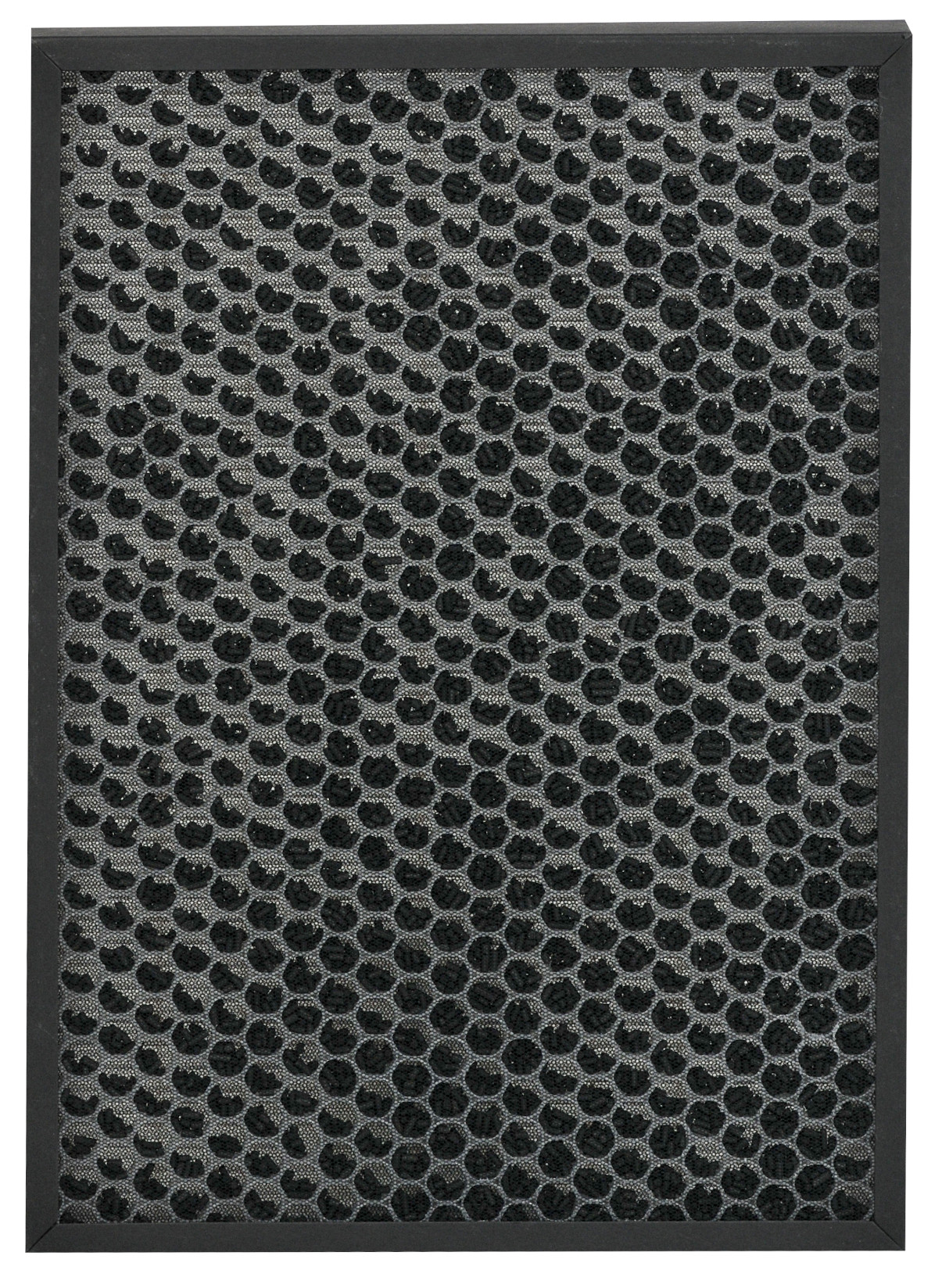Schwarzer Luftfilter mit einem Raster aus dunklen Kreisen in einem schwarzen Rahmen.