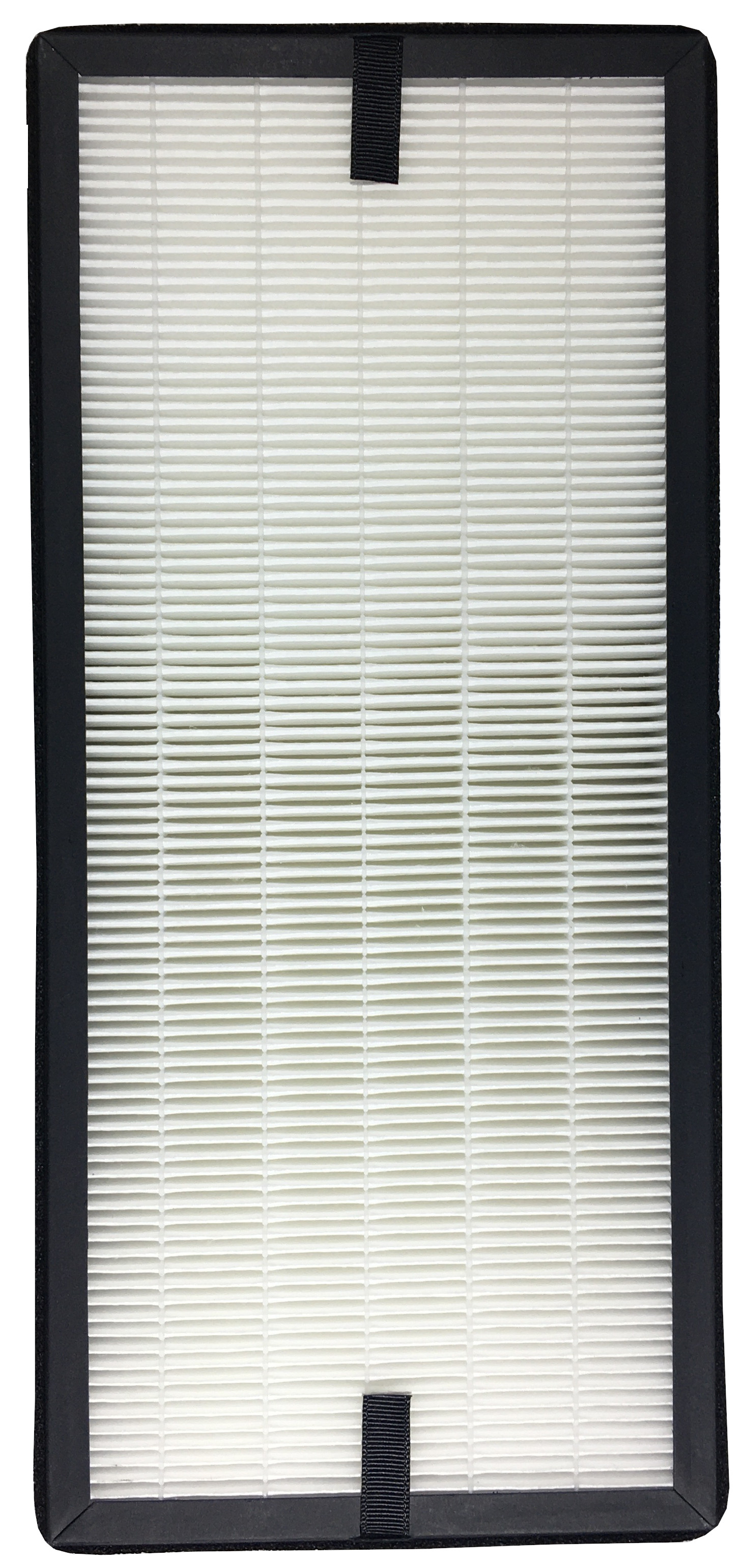Rechteckiger Luftfilter mit weißem, plissiertem Filtermaterial und schwarzem Rahmen, mit zwei schwarzen Riemen.