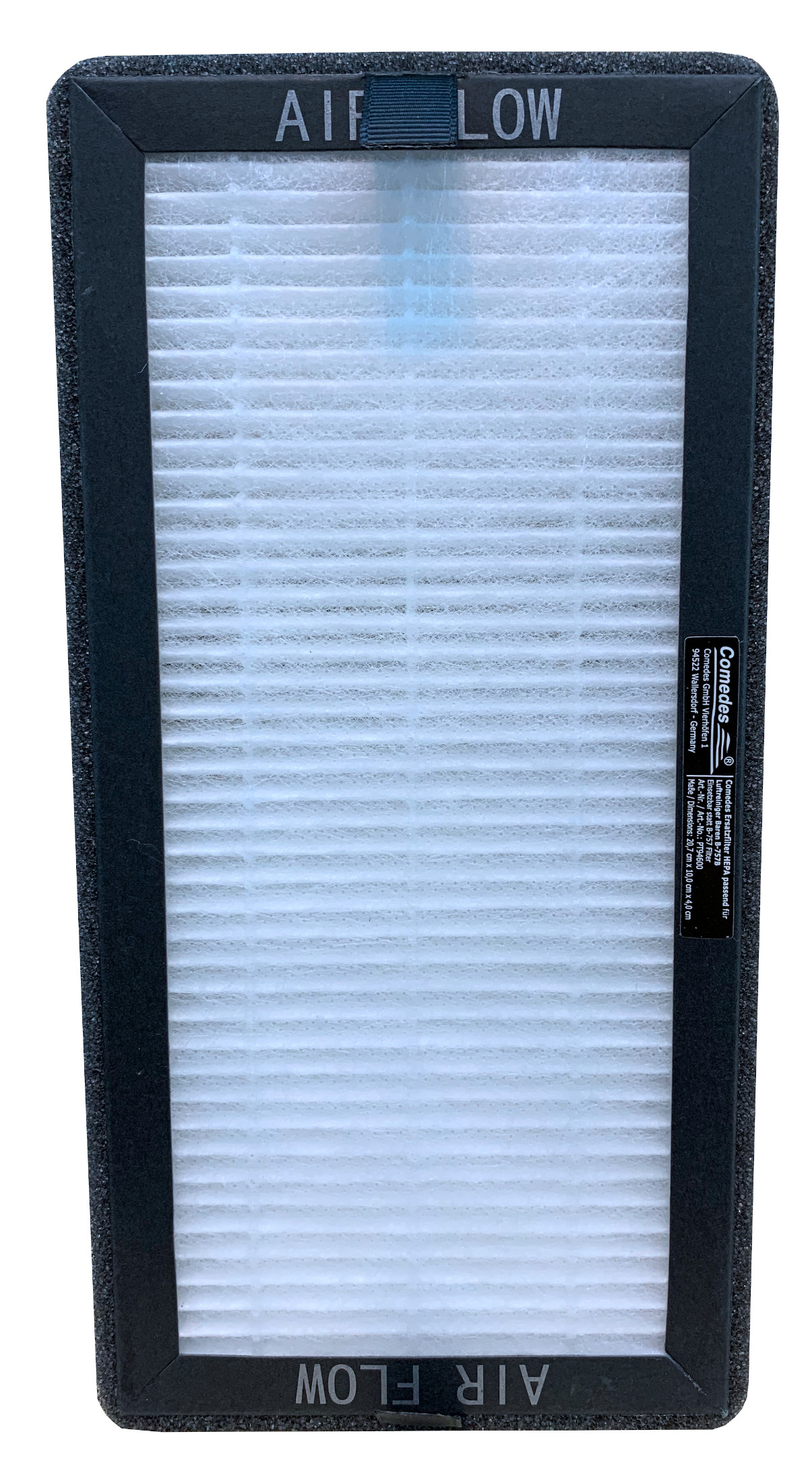 Luftfilter. Schwarzer Rahmen mit Filtermaterial. Text: AIR FLOW und AIR LOW.