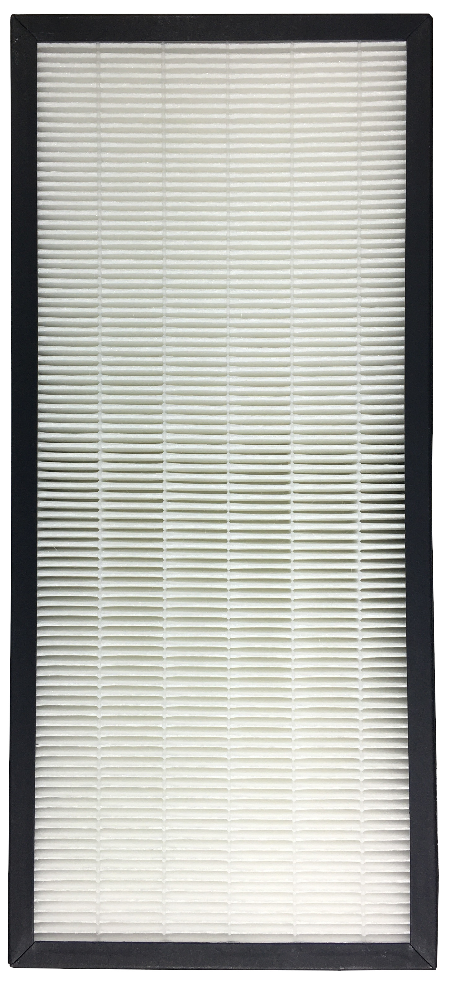 Nahaufnahme eines rechteckigen Luftfilters mit weißem, plissiertem Filtermaterial und schwarzem Rahmen.