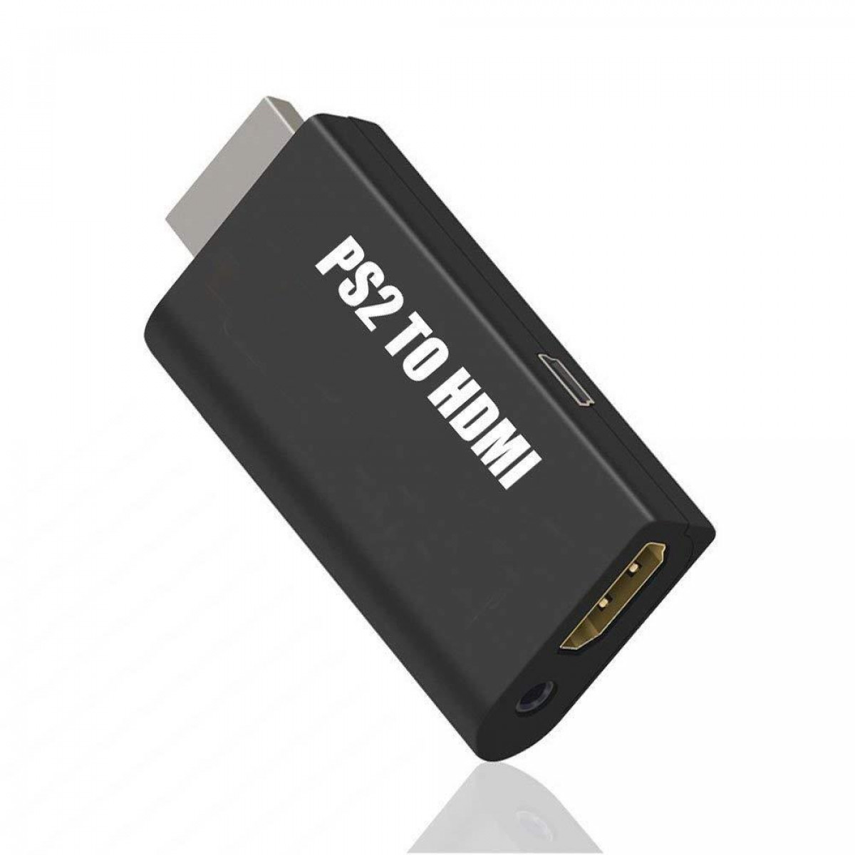 Schwarzer PS2-zu-HDMI-Adapter. Text lautet 'PS2 TO HDMI'. Auf weißem Hintergrund.