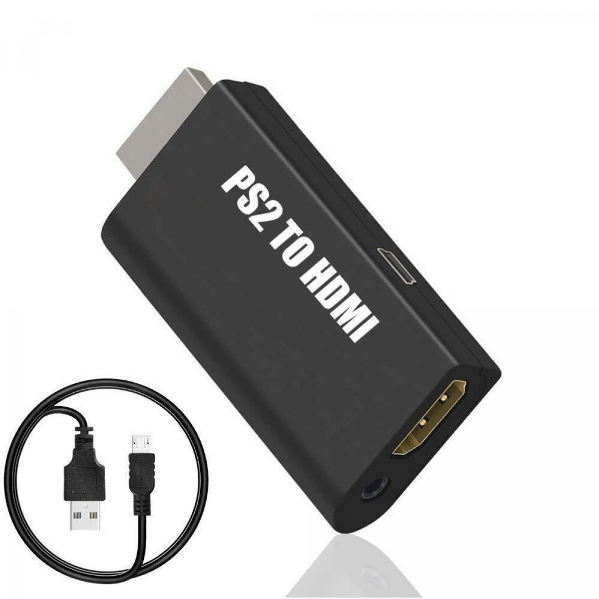 Ein schwarzer Adapter mit der Aufschrift 'PS2 TO HDMI', mit daran angeschlossenen Kabeln.