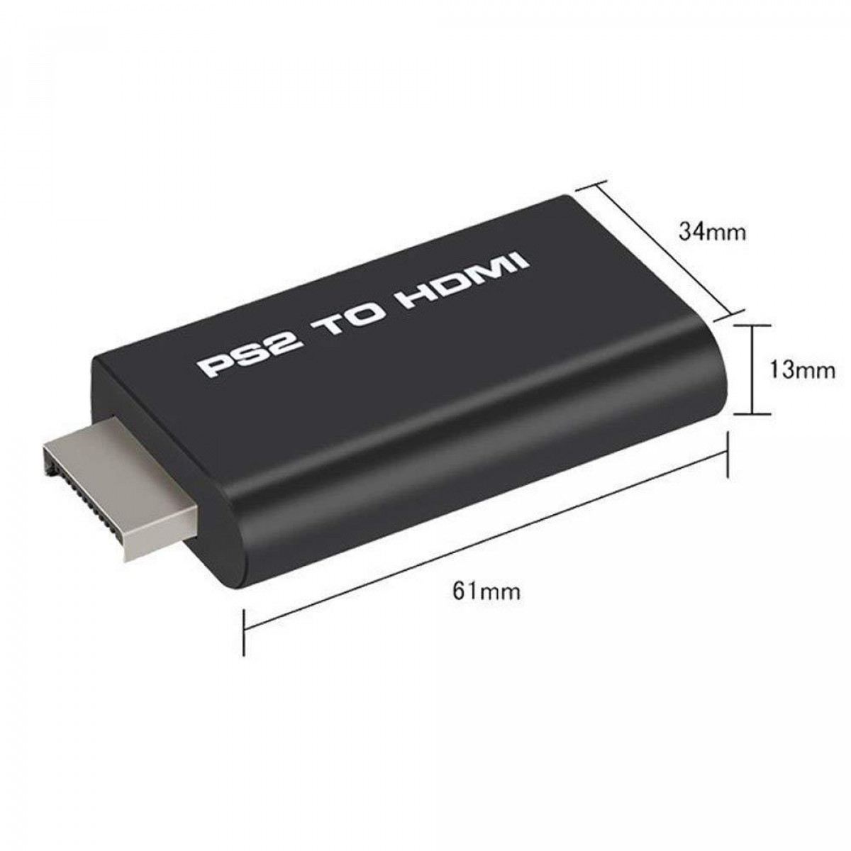 Schwarzer PS2-zu-HDMI-Adapter mit Maßen und weißem Text auf weißem Hintergrund.