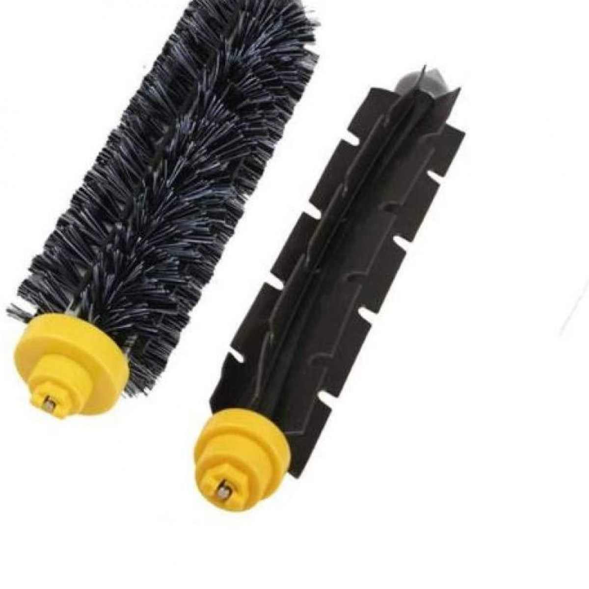 Dwie czarne i żółte szczotki do robota odkurzacza na białym tle.