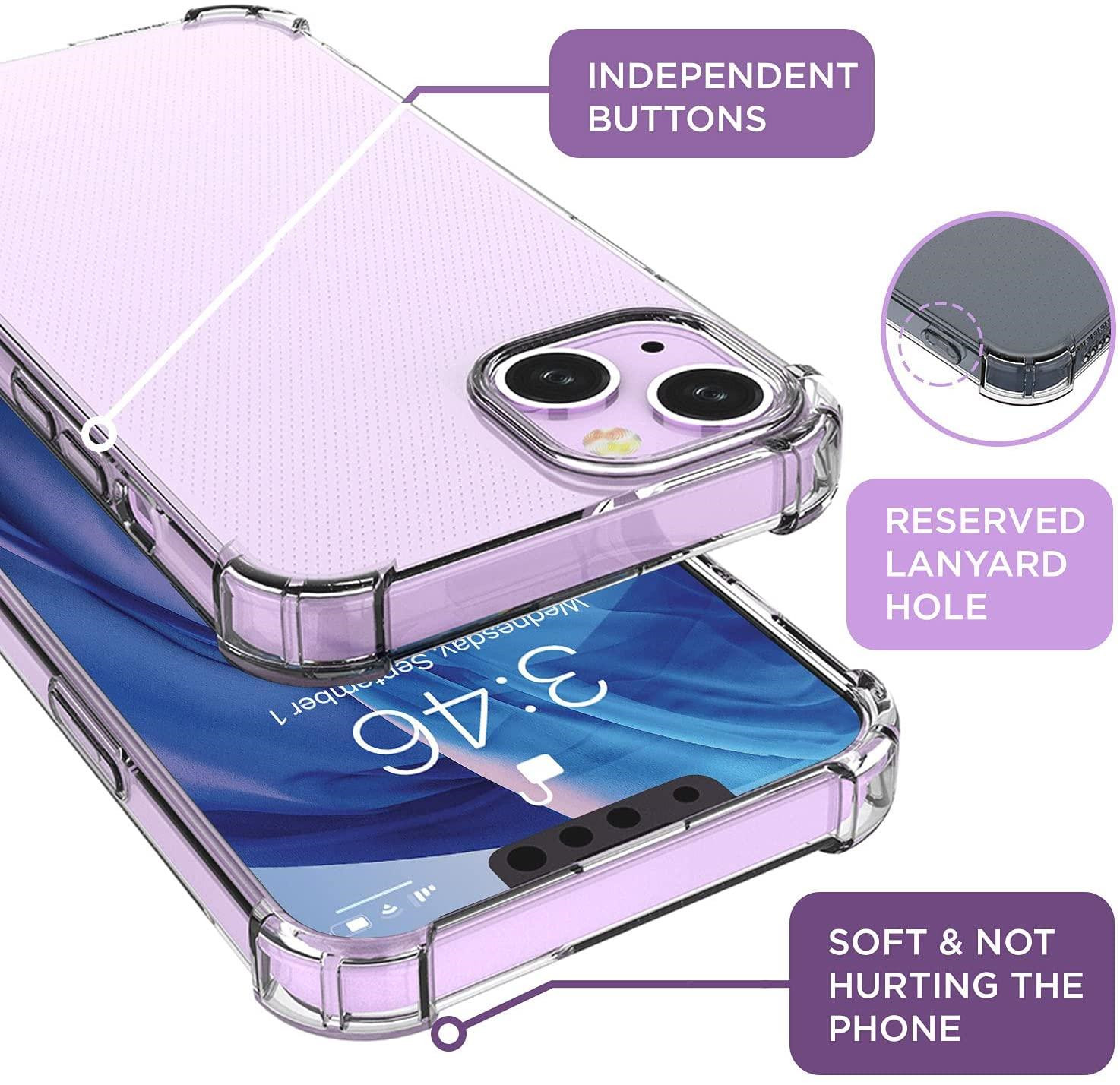 Transparente Handyhülle auf einem Handy. Beschriftungen: Unabhängige Tasten, Reserviertes Schlüsselbandloch, Weich & Schont das Telefon.