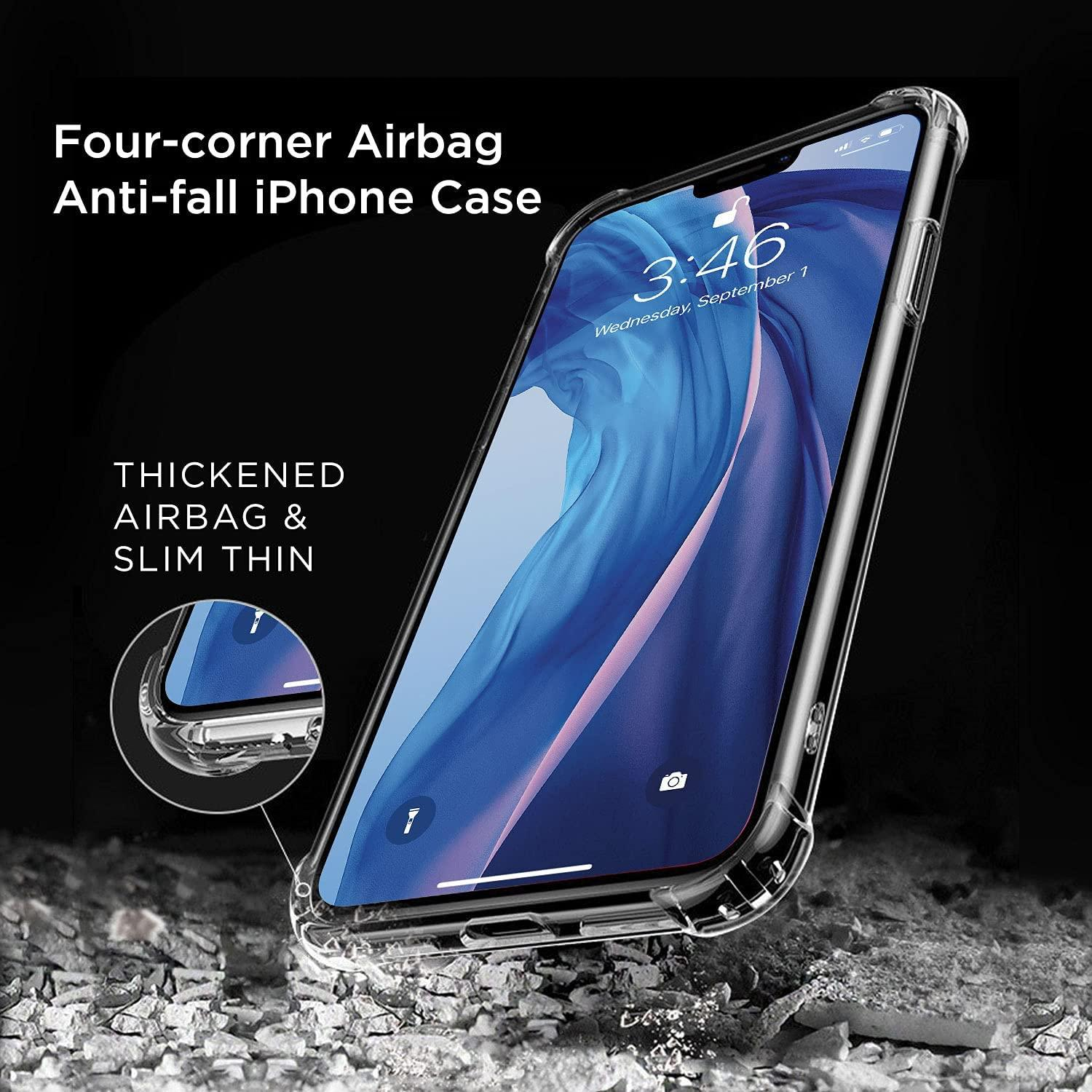 Eine durchsichtige Handyhülle im Winkel. Der Text lautet 'Four-corner Airbag Anti-fall iPhone Case'.
