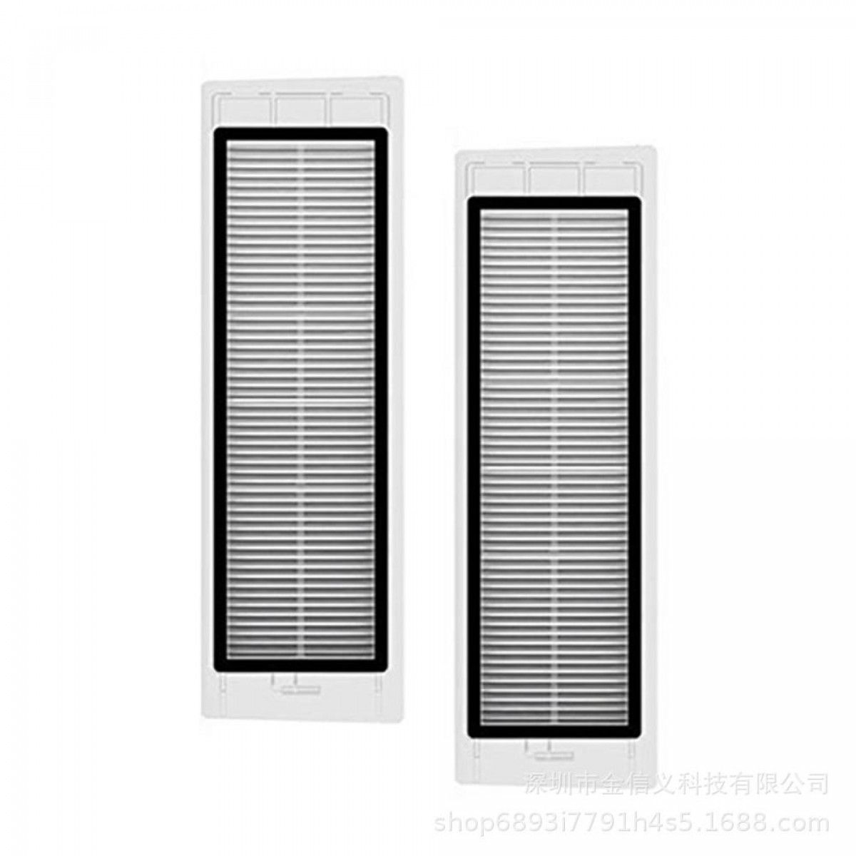 Dwa białe filtry powietrza zamienne z czarnymi ramkami. Mają pionowe listwy.