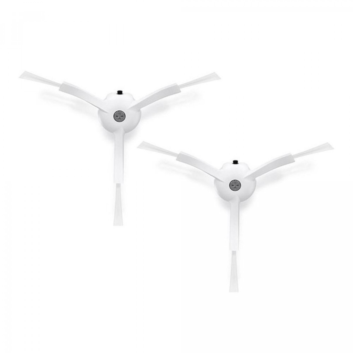 Dwie białe szczotki do robota sprzątającego na białym tle.