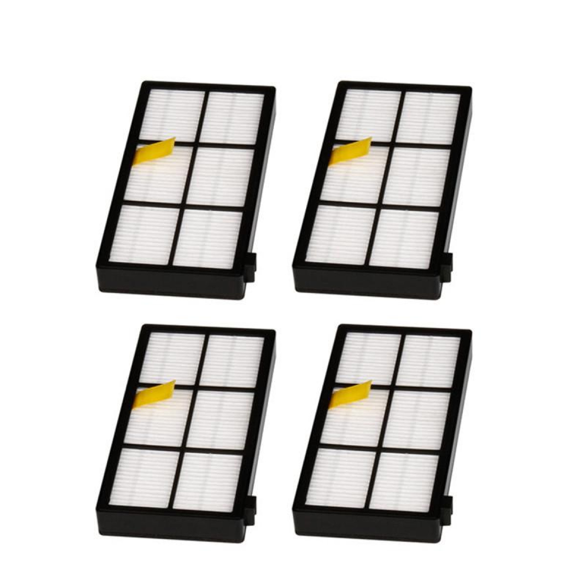 Cztery prostokątne filtry do odkurzacza, z żółtymi zakładkami, białe tło.