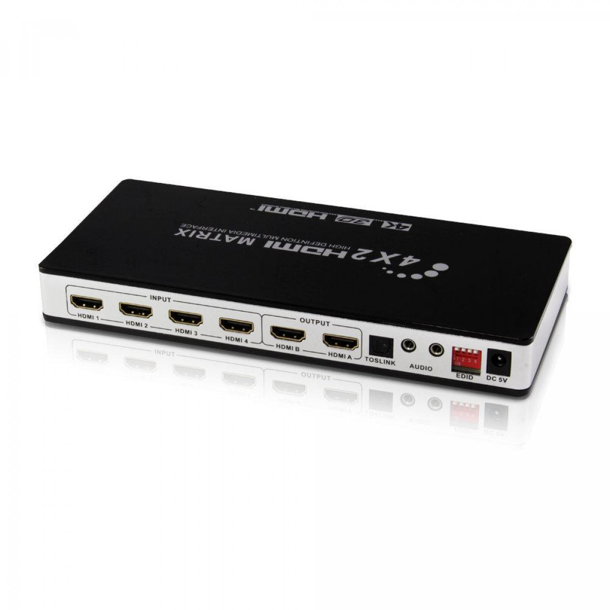 Schwarzes HDMI-Matrix-Gerät mit mehreren Eingangs- und Ausgangsanschlüssen, Textetikett.