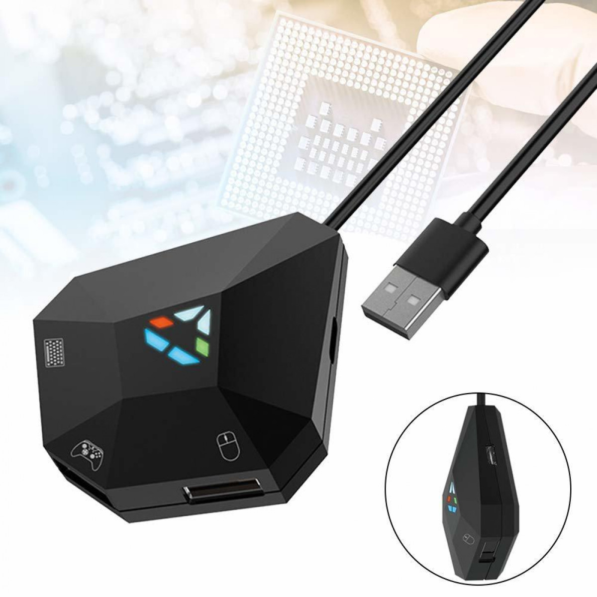 Czarny adapter do gier z kablem USB, portami dla myszy, klawiatury i gamepada. Tło z procesorem.