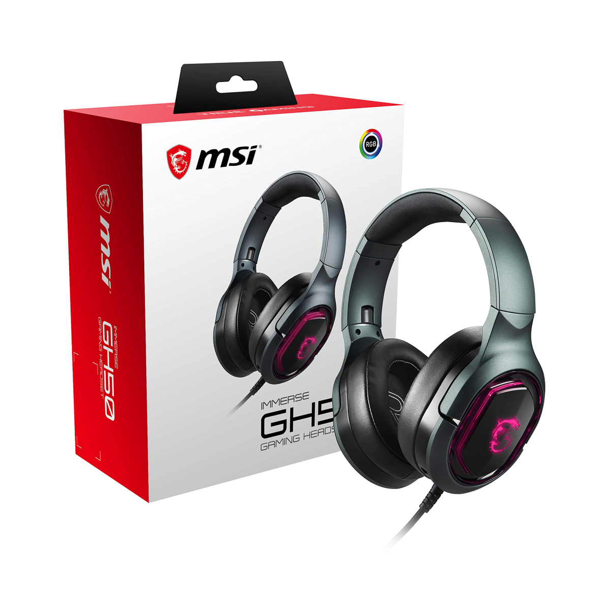 Auriculares gaming MSI en caja, con auriculares negros al frente. La caja y auriculares tienen acentos rojos.