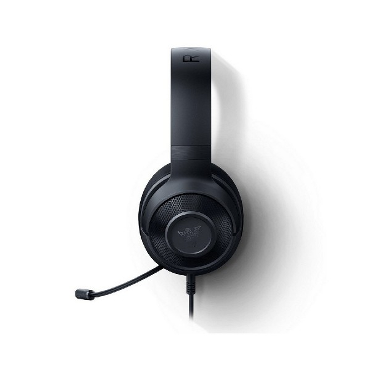 Czarny zestaw słuchawkowy Razer do gier z mikrofonem, umieszczony centralnie na białym tle.