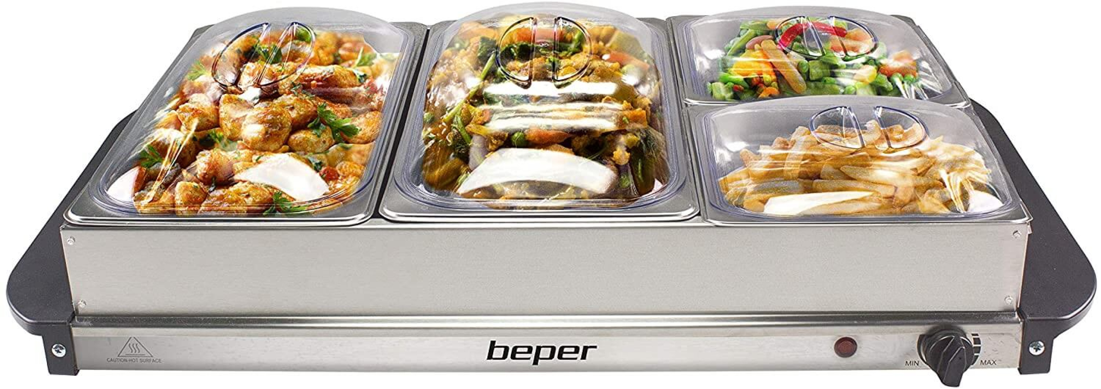Ein Buffet-Server mit vier Behältern mit Speisen und einem Temperaturregler.