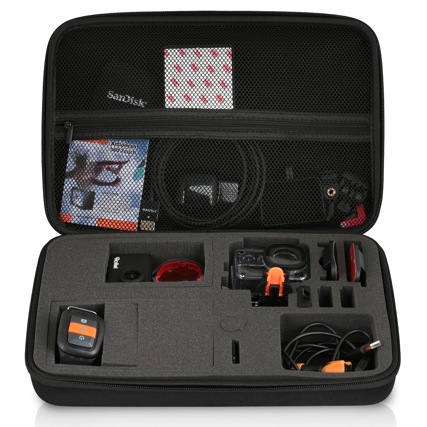 Geöffnete schwarze Tasche mit Kameraausrüstung, darunter Kameras, Kabel und Zubehör, ordentlich angeordnet.