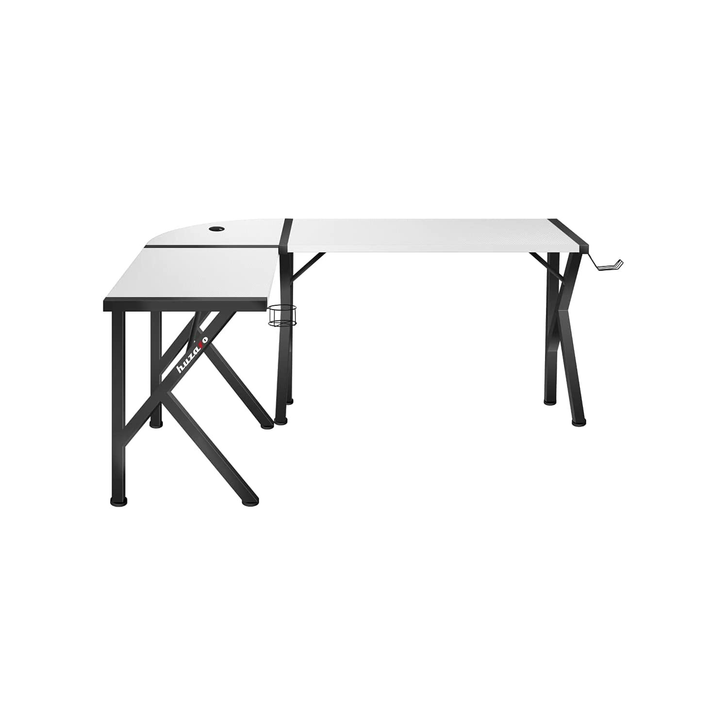 Biało-czarne biurko do gier w kształcie litery L, z uchwytem na kubek i prowadzeniem kabli.