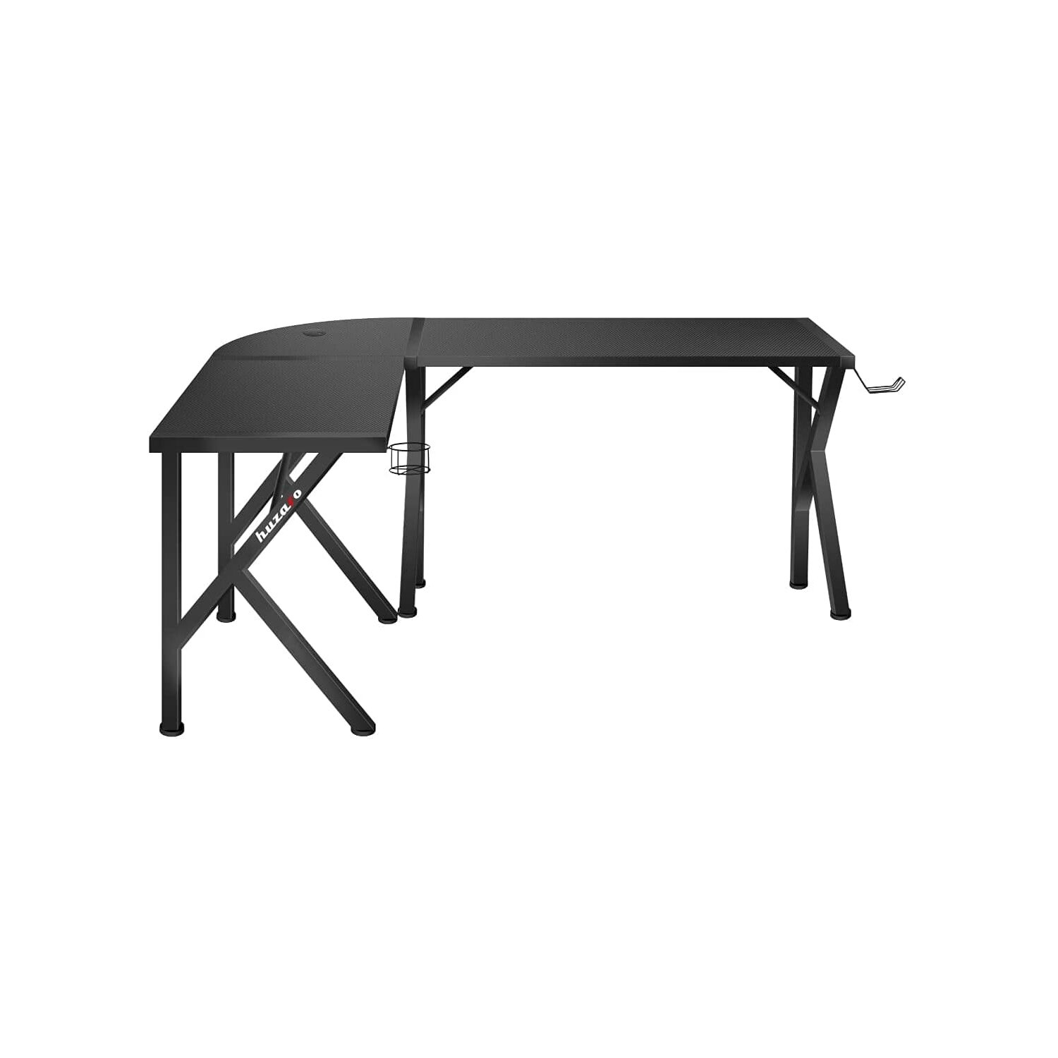 Czarny stół do gier. Ma kształt litery L, z zaokrąglonym rogiem. Na białym tle.