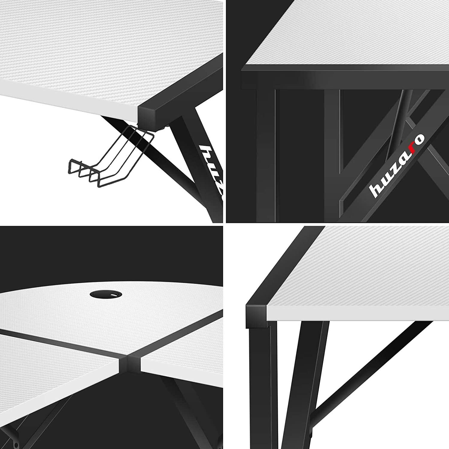 Cztery zdjęcia pokazujące szczegóły białego i czarnego biurka do gier. Pokazuje górę, nogi i uchwyt na kable.