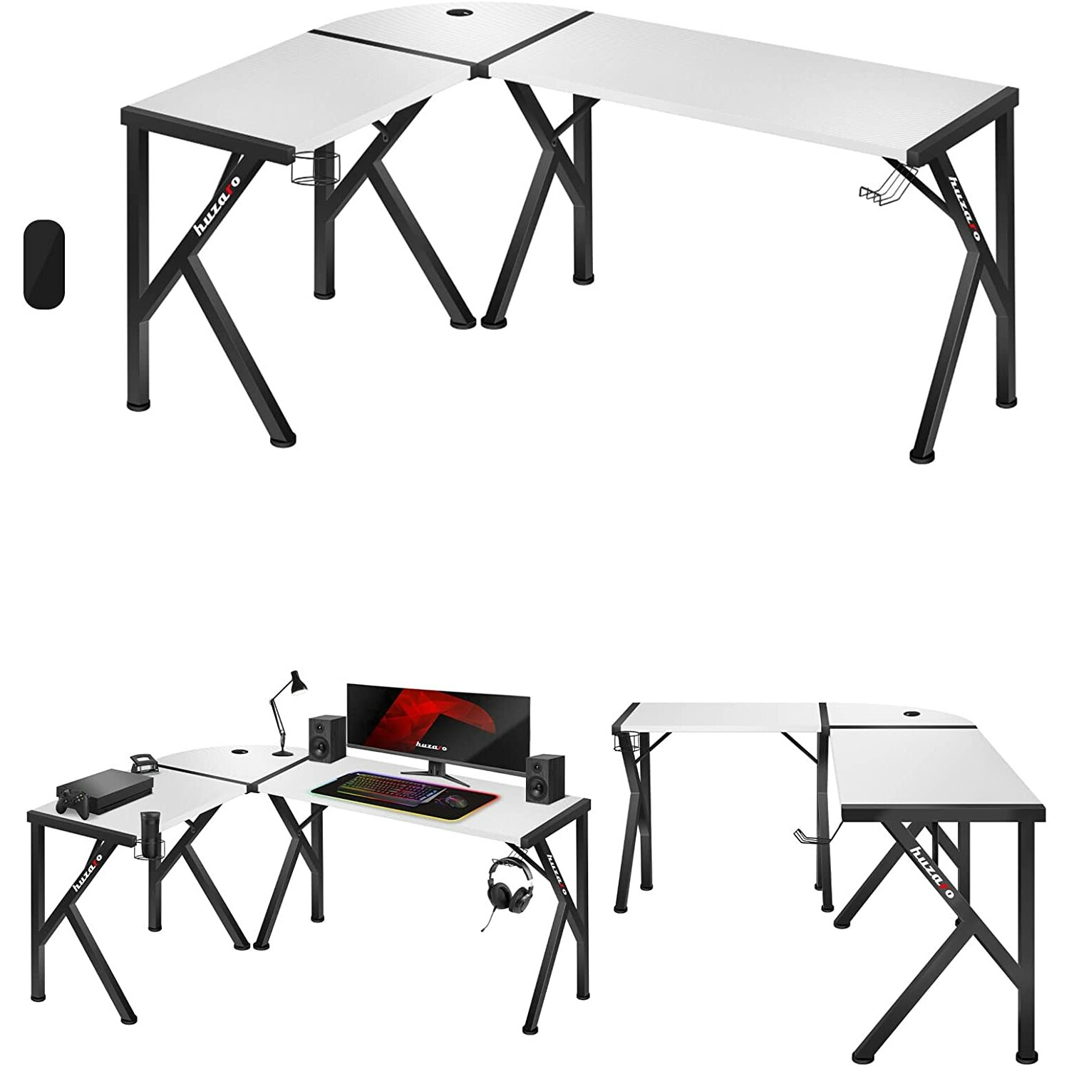 Biało-czarne biurko gamingowe w kształcie litery L, z uchwytem na kubek i haczykiem.