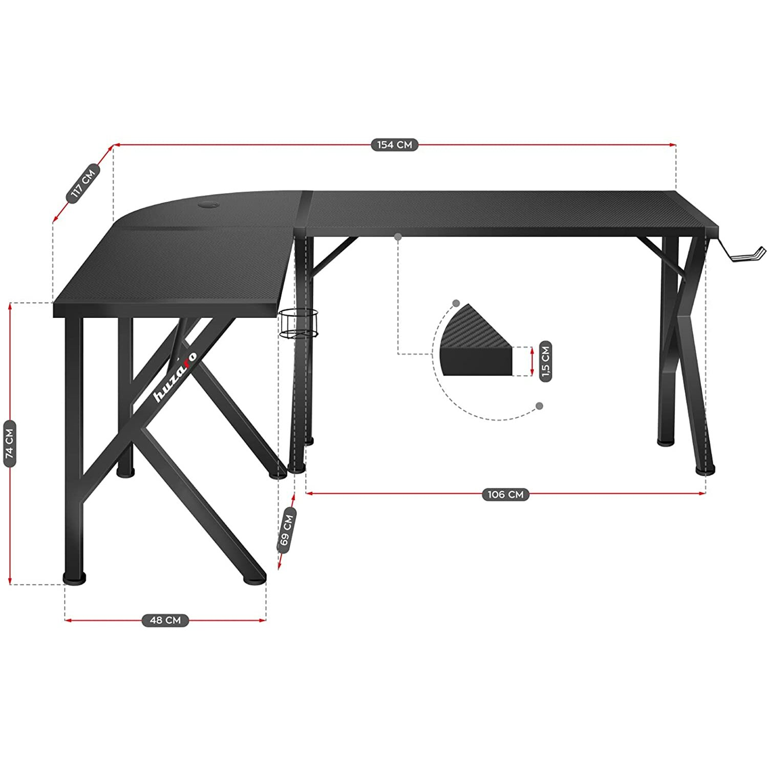 Czarny stół do gier z narożnikiem. Widoczne wymiary i logo, z uchwytem na kubek.