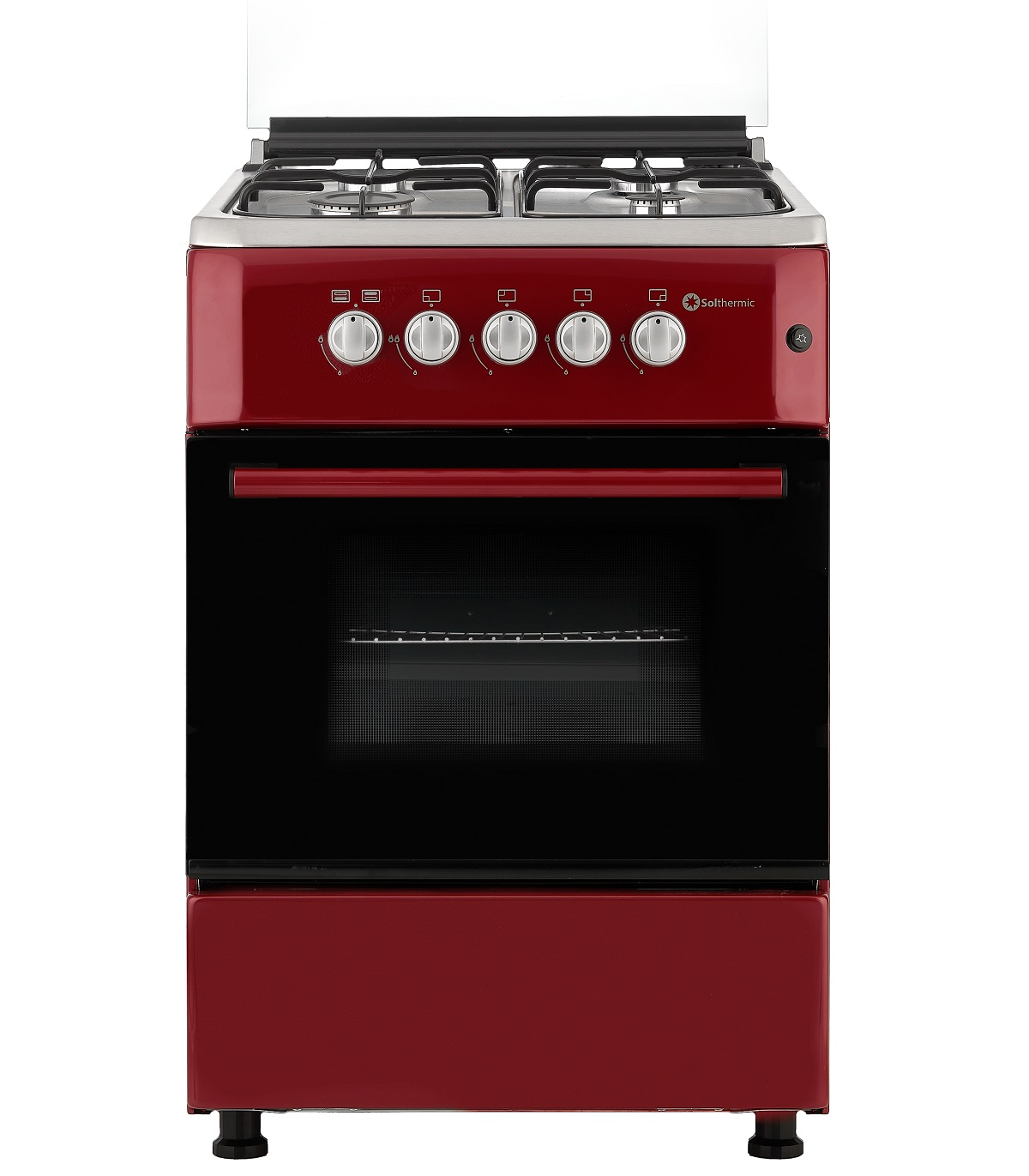 Cocina Gas F6S40G2RED Estilo rustico, 4 Fuegos + Horno - SOLTHERMIC, 4zonas, 60 LiterL, Esmalte fácil de limpiar, 60 cm, Rojo