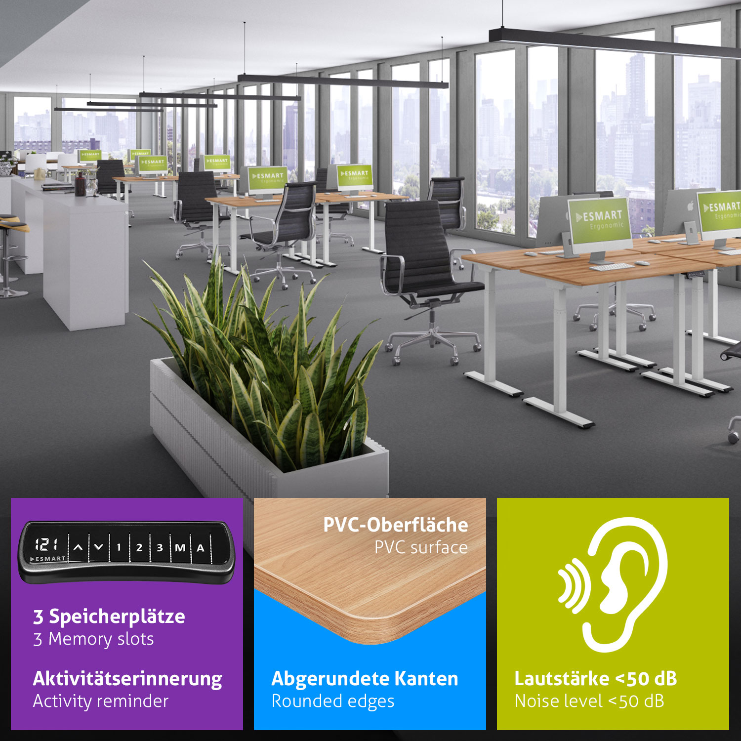 Büro mit mehreren Schreibtischen, Stühlen und Pflanzen. Hervorgehobene Merkmale: 3 Speicherplätze, Aktivitätserinnerung und Geräuschpegel.
