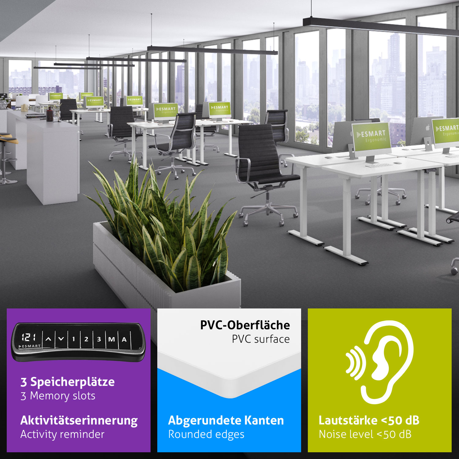 Bürofläche mit Schreibtischen, Stühlen und Computern. Pflanzen im Vordergrund. Große Fenster im Hintergrund.