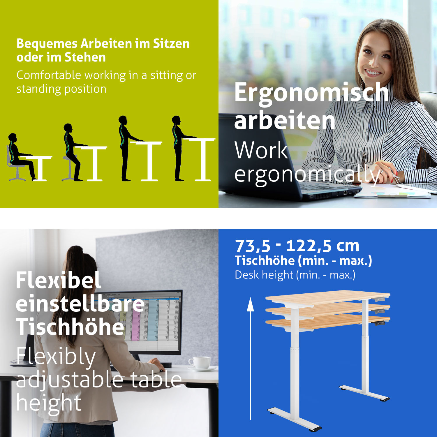 Das Bild zeigt eine ergonomische Arbeitsumgebung, einschließlich Sitz-/Stehoptionen, einer lächelnden Frau und höhenverstellbarem Tisch.