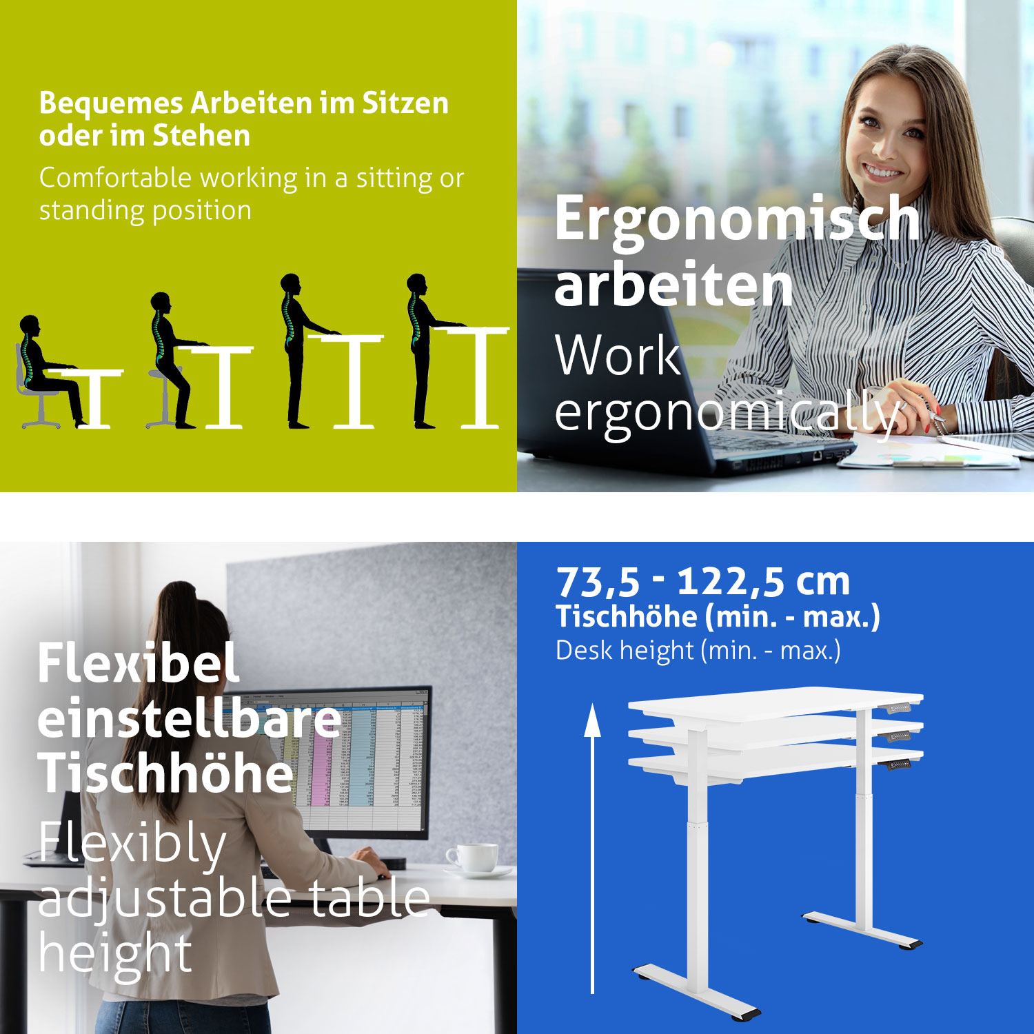 Bild mit Text: Bequemes Arbeiten im Sitzen oder Stehen. Ergonomischer Arbeitstisch.