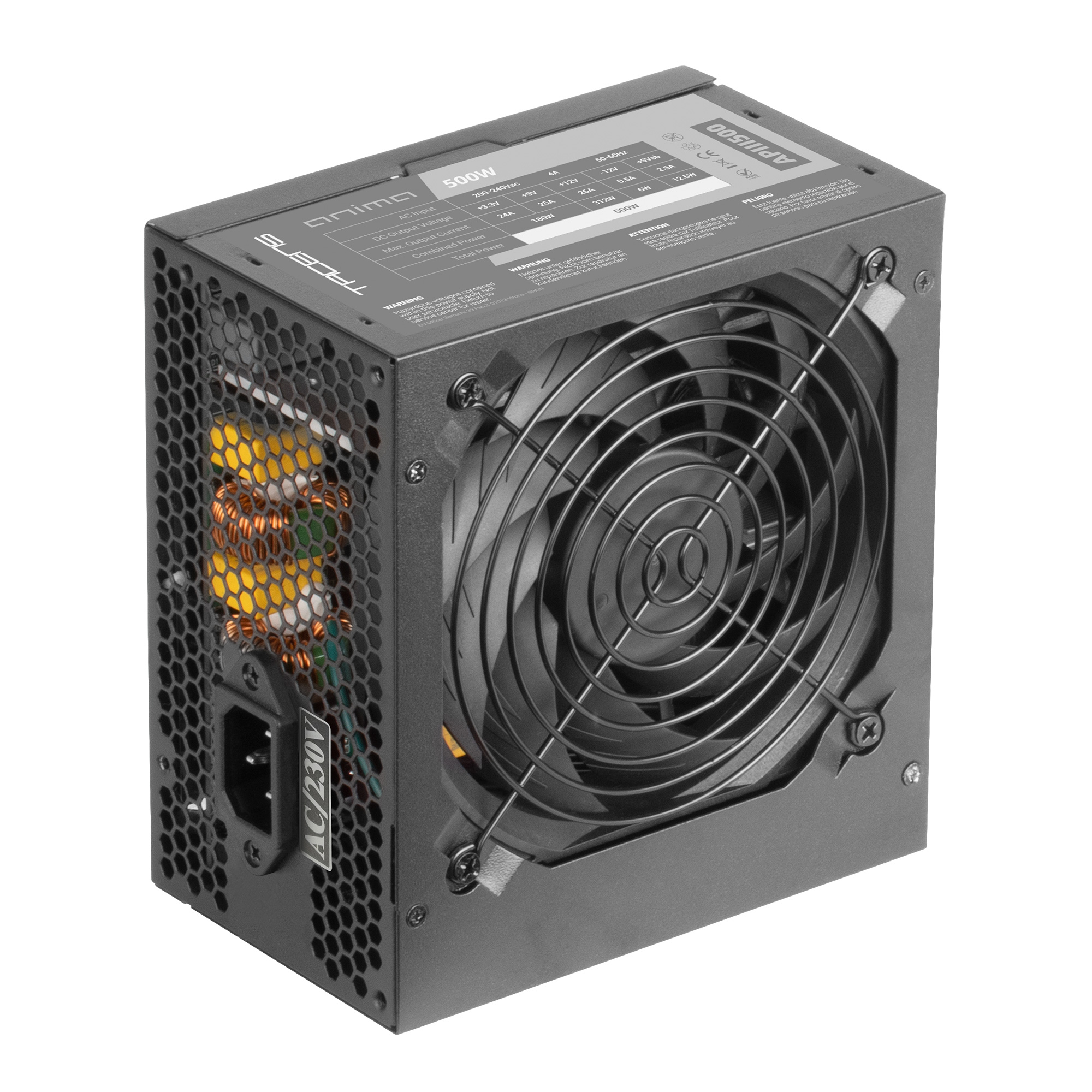 Alimentatore per computer nero con ventola e rete. L'etichetta AC 230V è visibile.