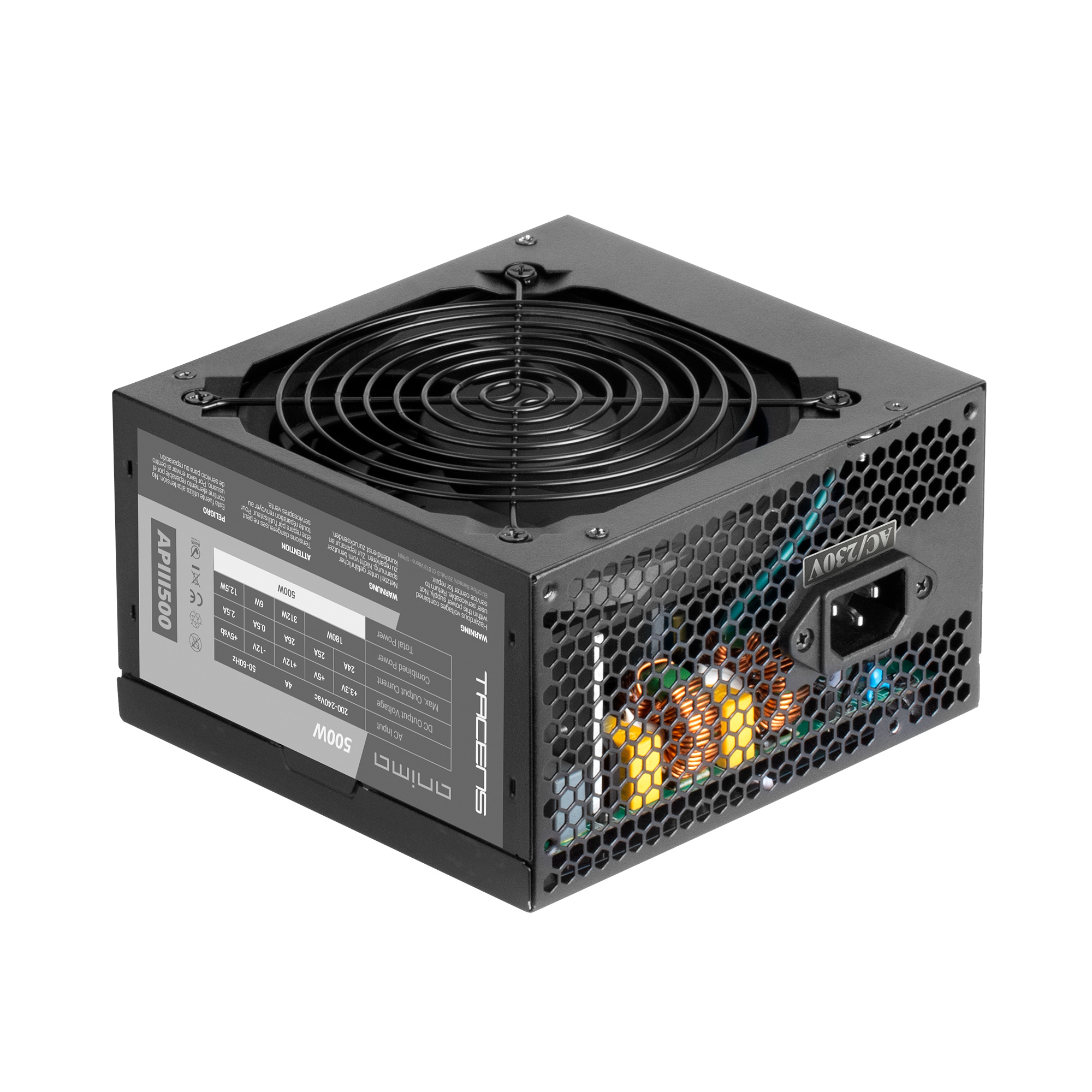 Alimentatore nero. Ha una ventola e diverse etichette. L'alimentatore è un box metallico nero.