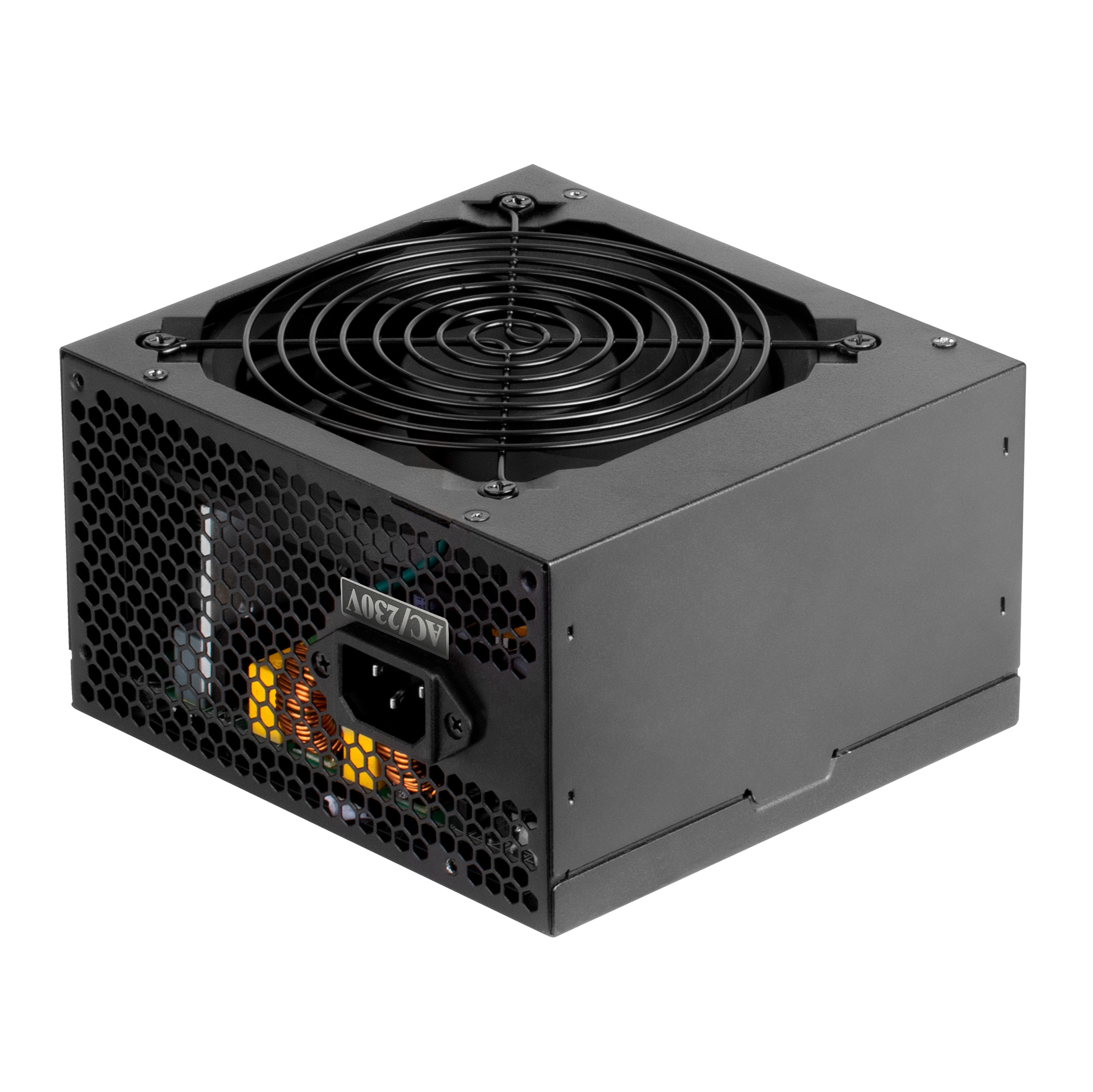 Alimentatore per computer nero, con ventola e fori, ingresso AC/230V.