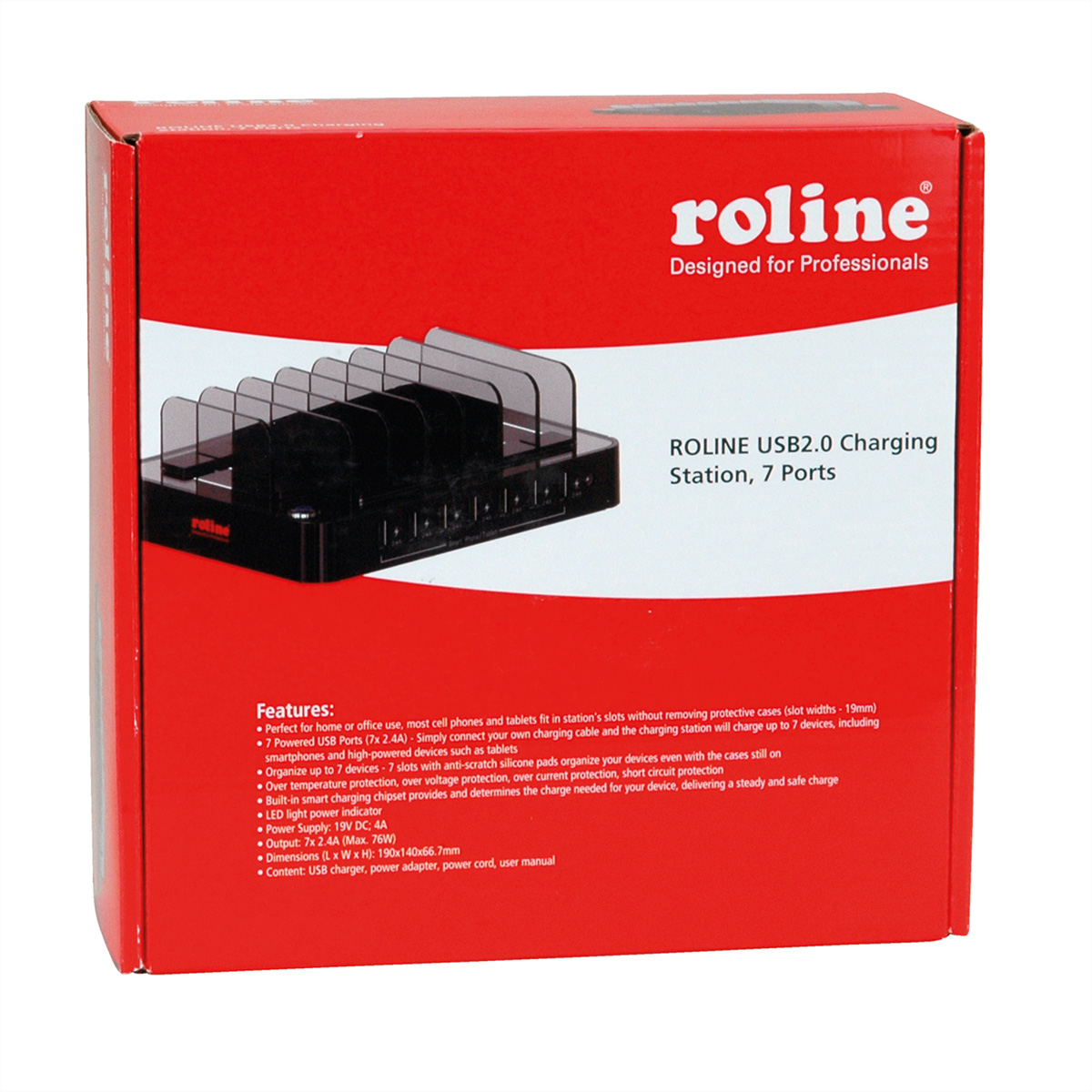 Red box with text about a charging station with multiple ports for phones.